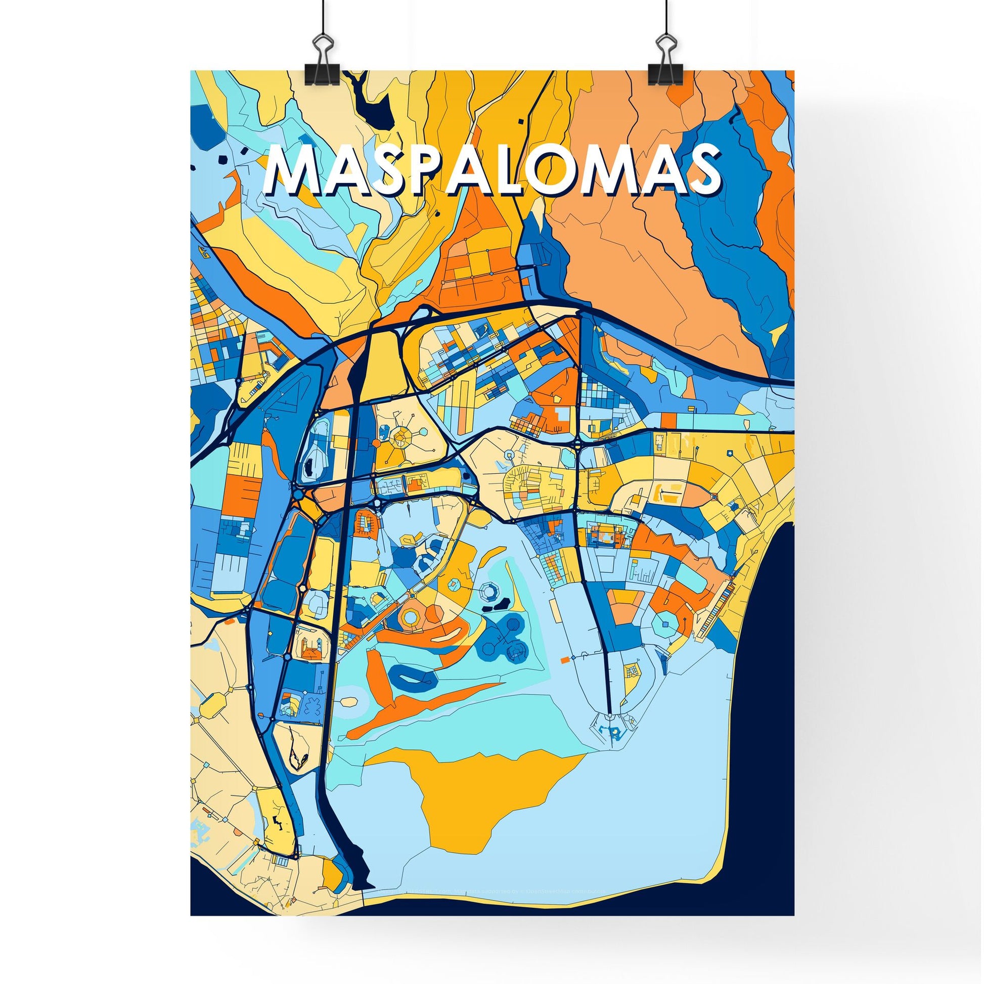 MASPALOMAS SPAIN Vibrant Colorful Art Map Poster Blue Orange