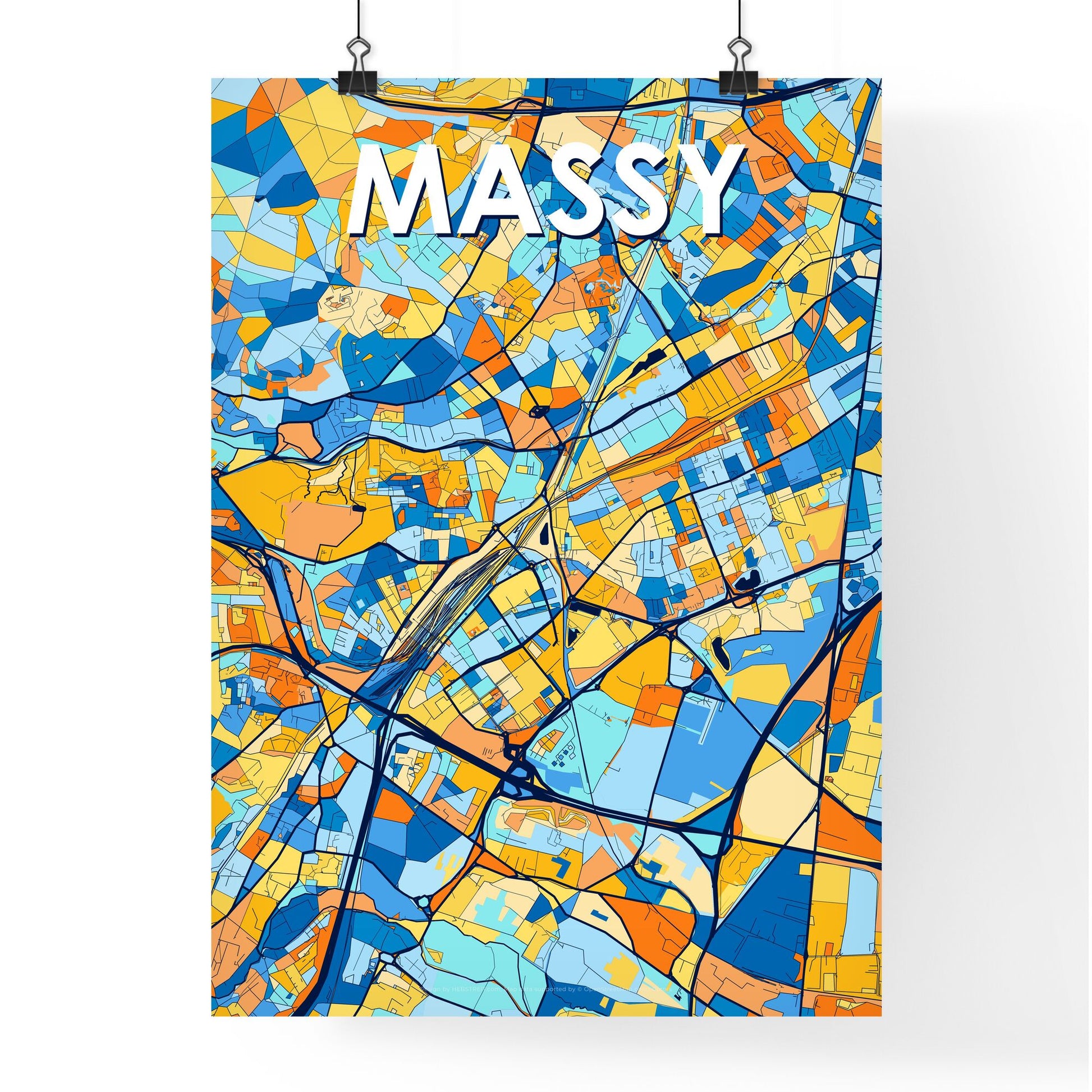 MASSY FRANCE Vibrant Colorful Art Map Poster Blue Orange