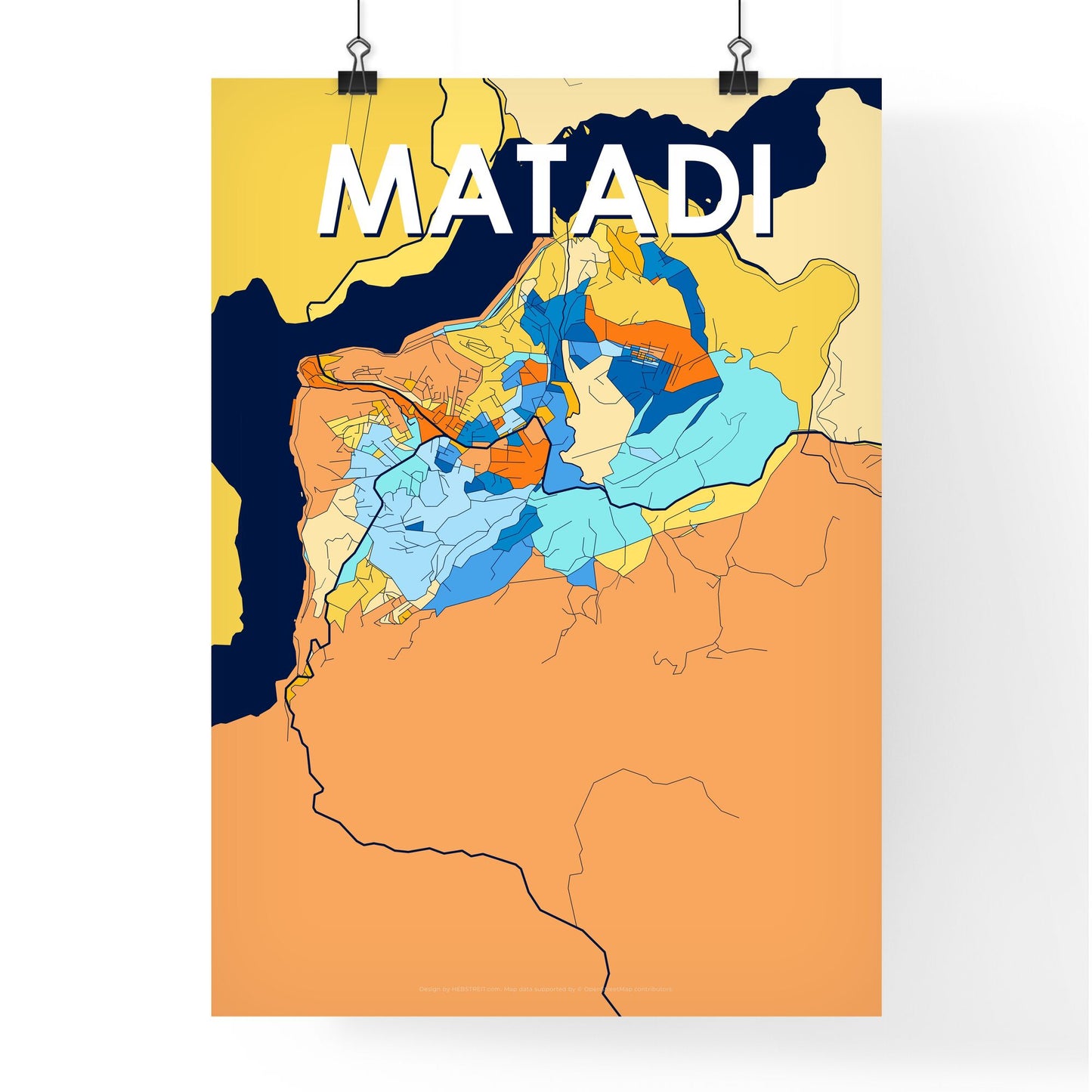 MATADI DR CONGO Vibrant Colorful Art Map Poster Blue Orange