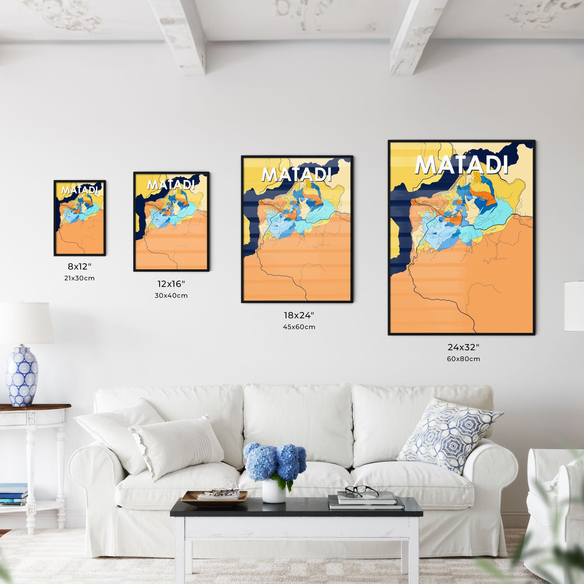 MATADI DR CONGO Vibrant Colorful Art Map Poster Blue Orange