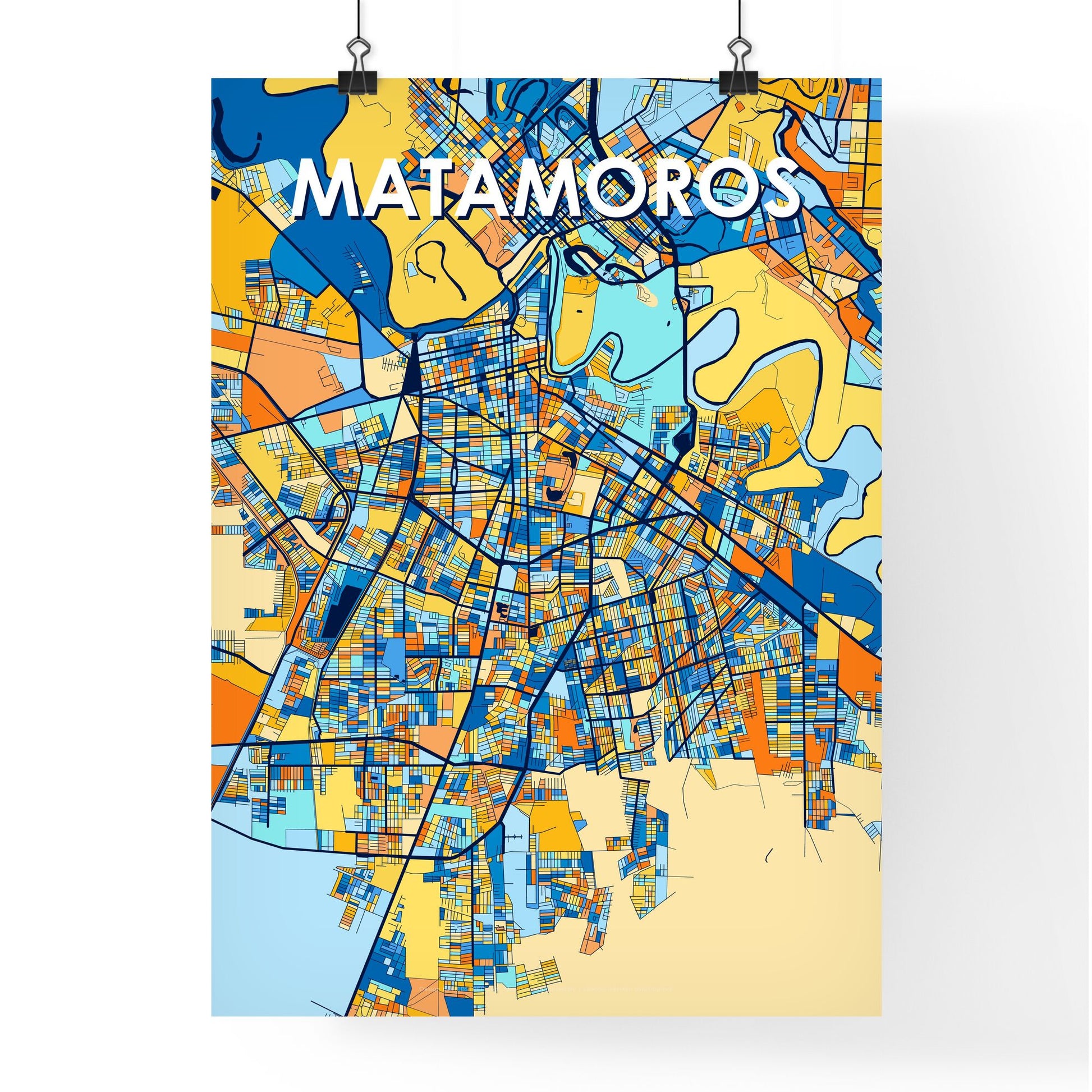 MATAMOROS MEXICO Vibrant Colorful Art Map Poster Blue Orange