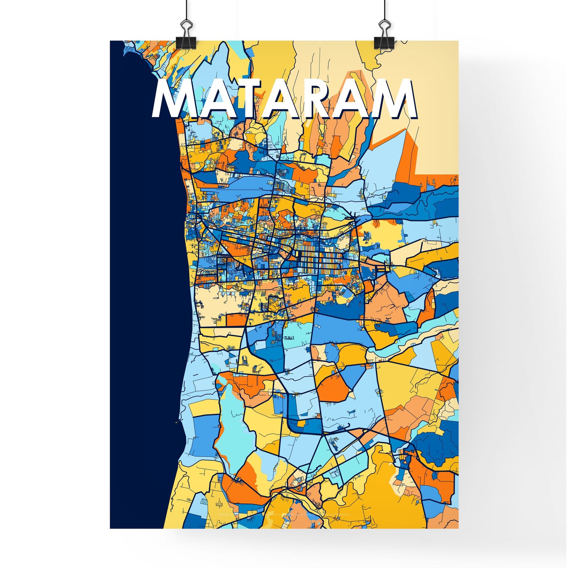 MATARAM INDONESIA Vibrant Colorful Art Map Poster Blue Orange