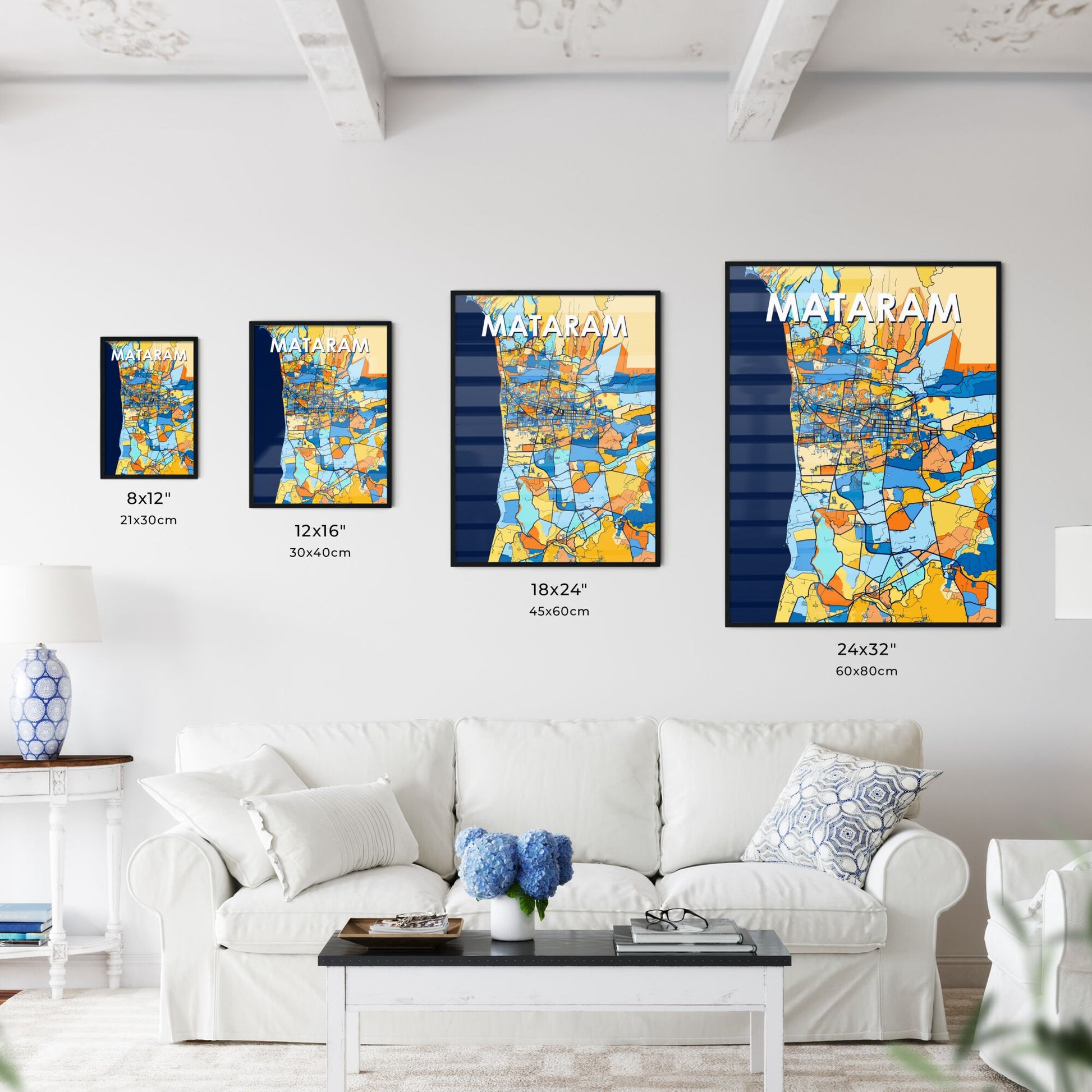 MATARAM INDONESIA Vibrant Colorful Art Map Poster Blue Orange