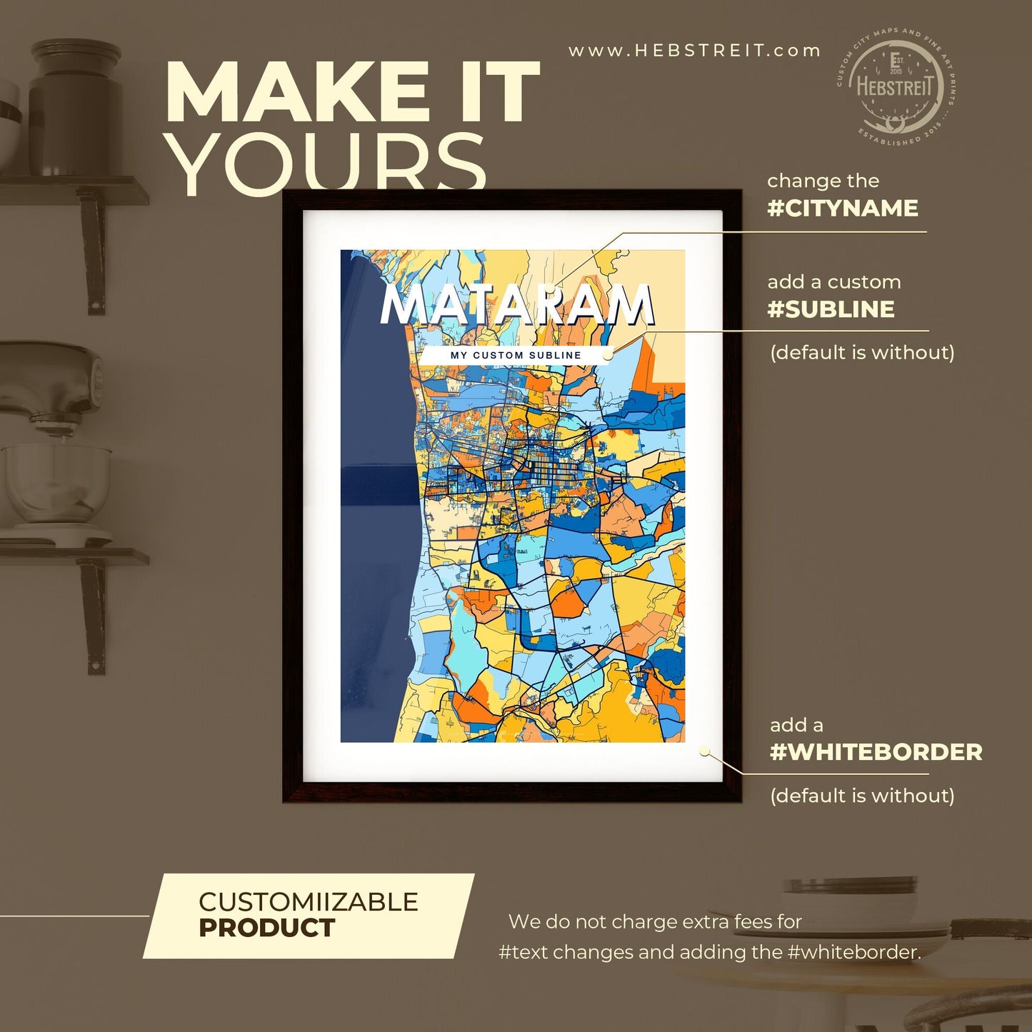 MATARAM INDONESIA Vibrant Colorful Art Map Poster Blue Orange