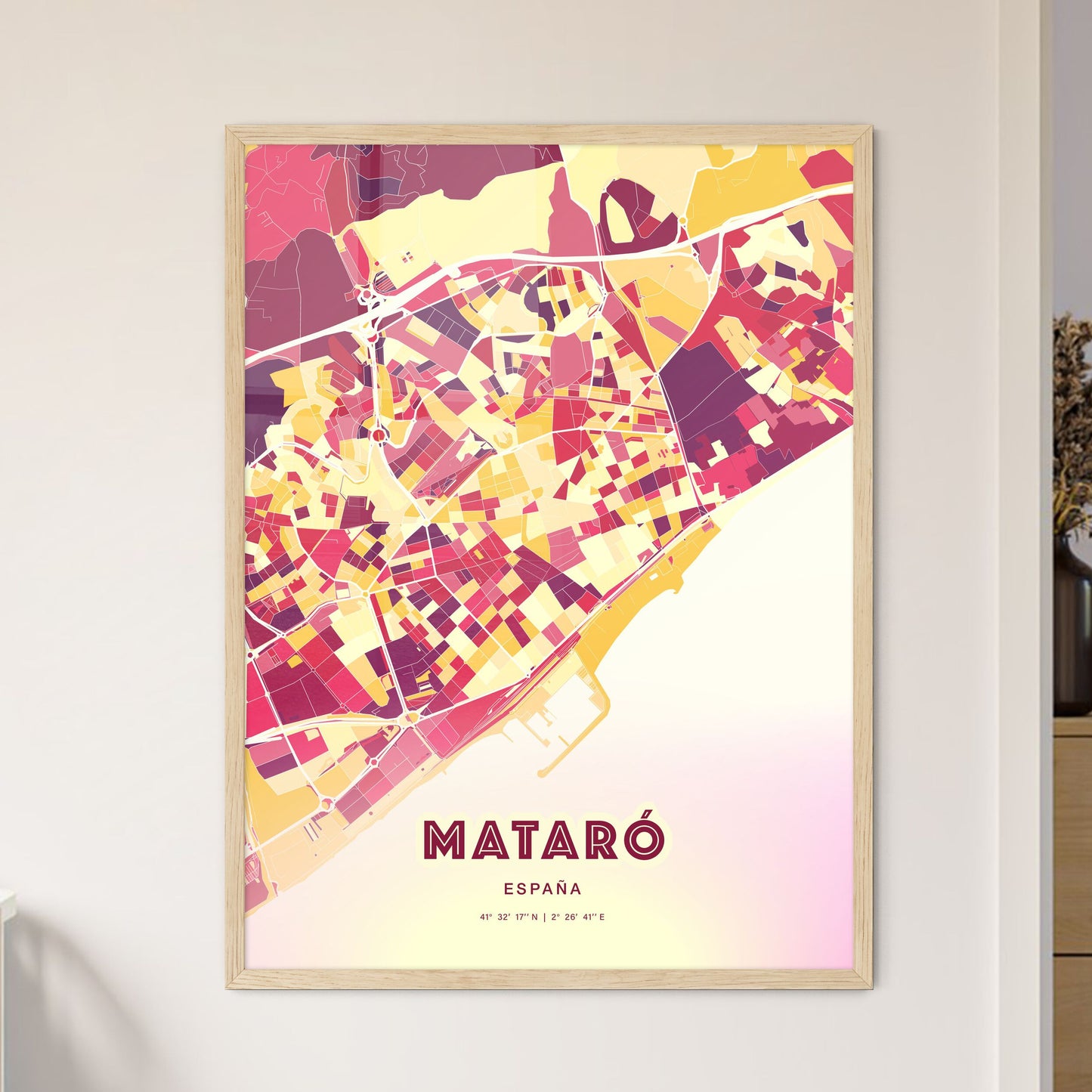 Colorful Mataró Spain Fine Art Map Hot Red