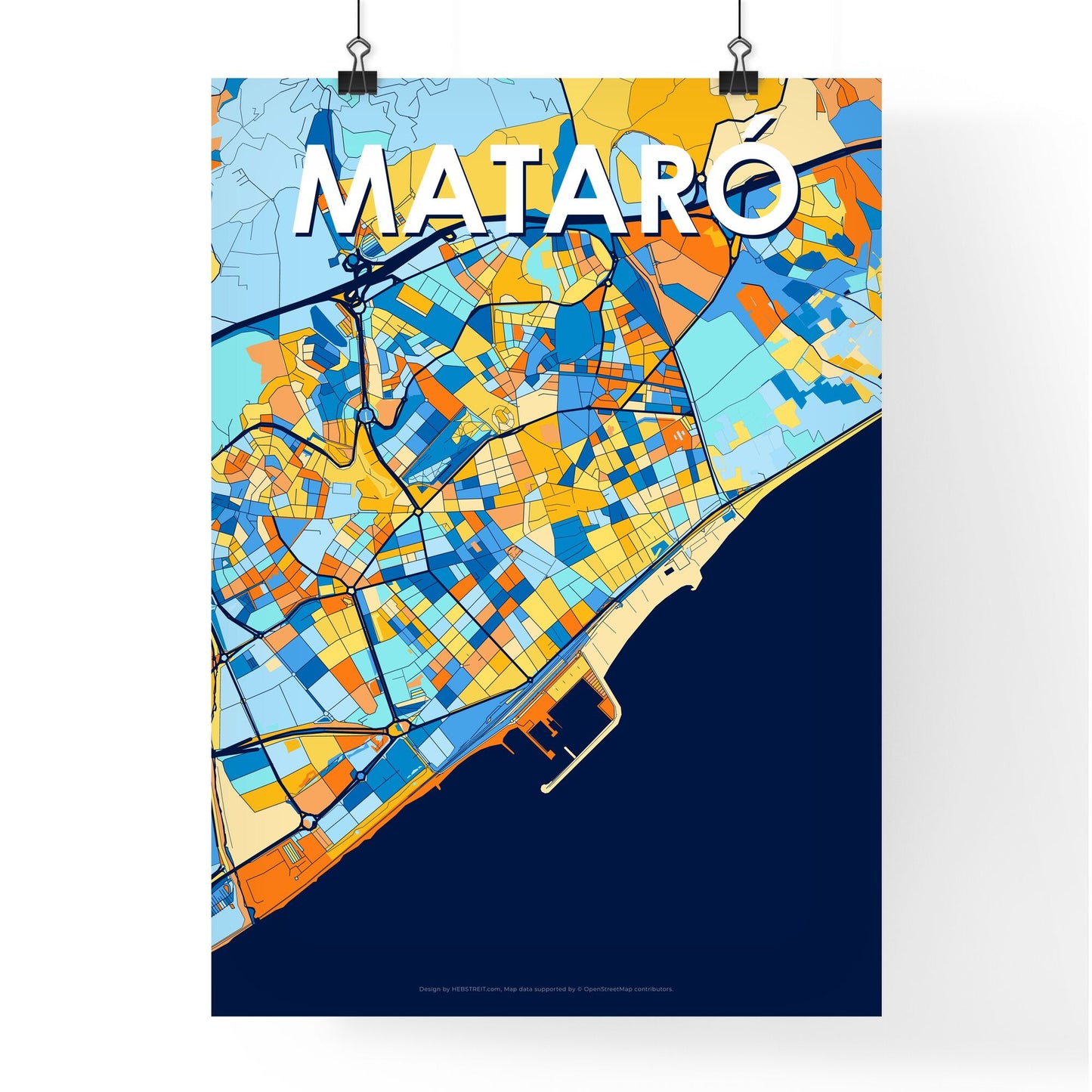 MATARÓ SPAIN Vibrant Colorful Art Map Poster Blue Orange