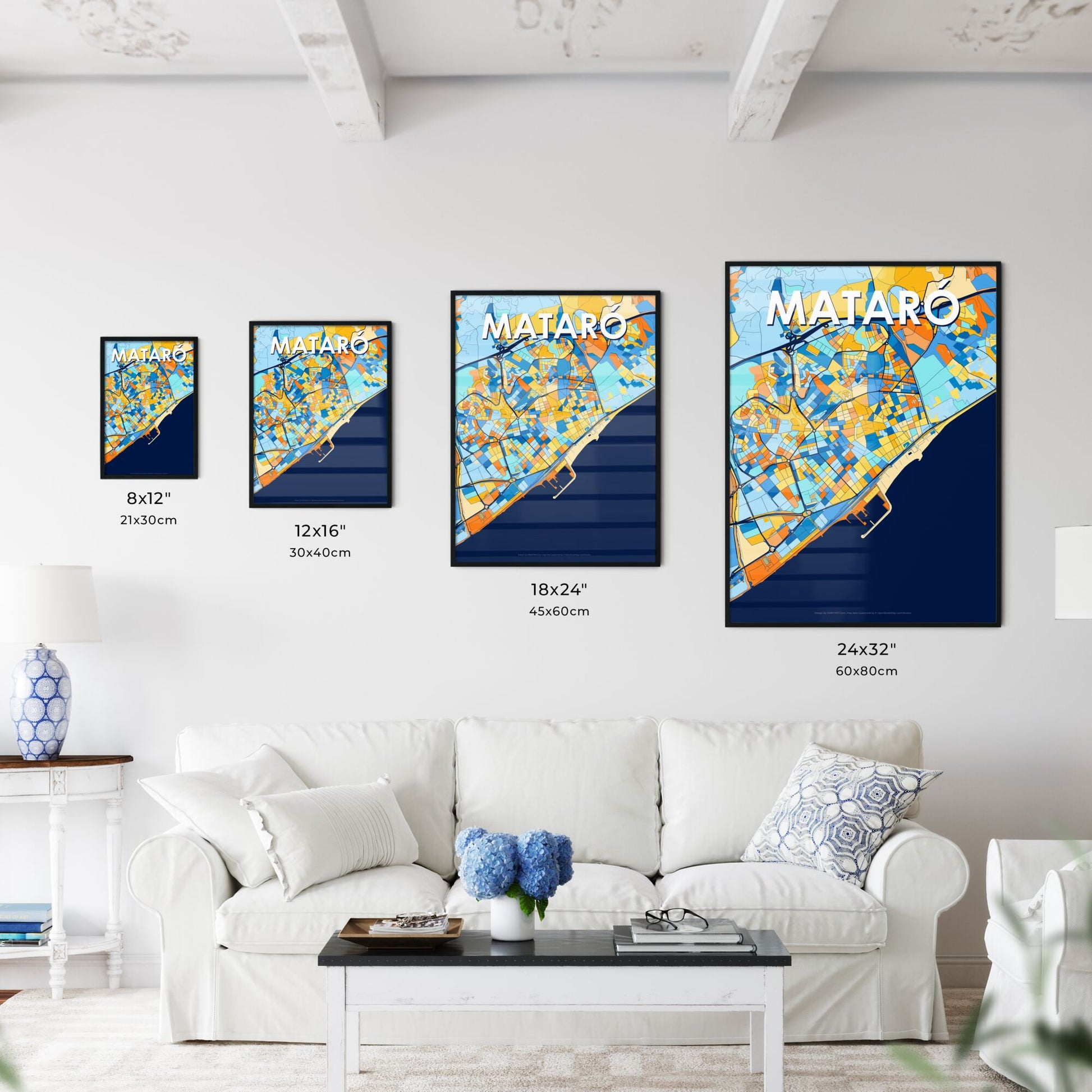 MATARÓ SPAIN Vibrant Colorful Art Map Poster Blue Orange