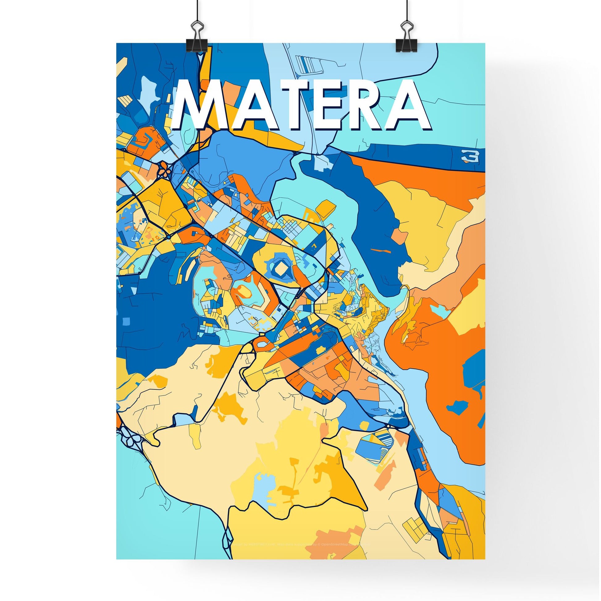 MATERA ITALY Vibrant Colorful Art Map Poster Blue Orange