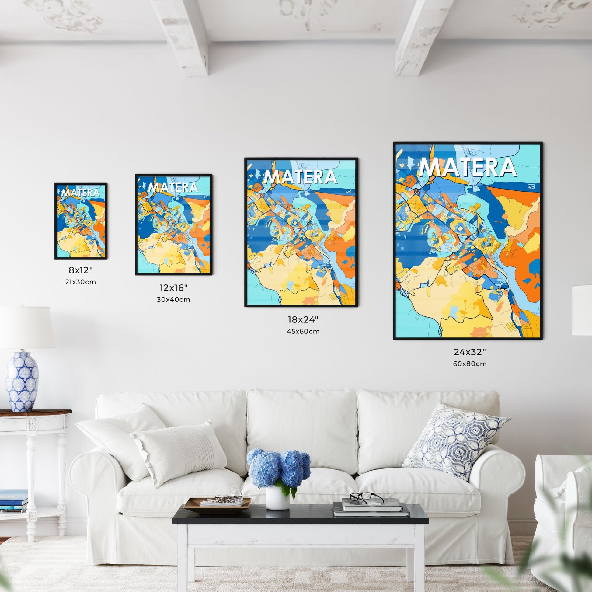 MATERA ITALY Vibrant Colorful Art Map Poster Blue Orange