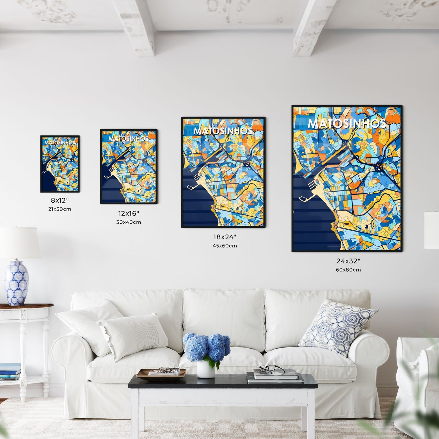 MATOSINHOS PORTUGAL Vibrant Colorful Art Map Poster Blue Orange