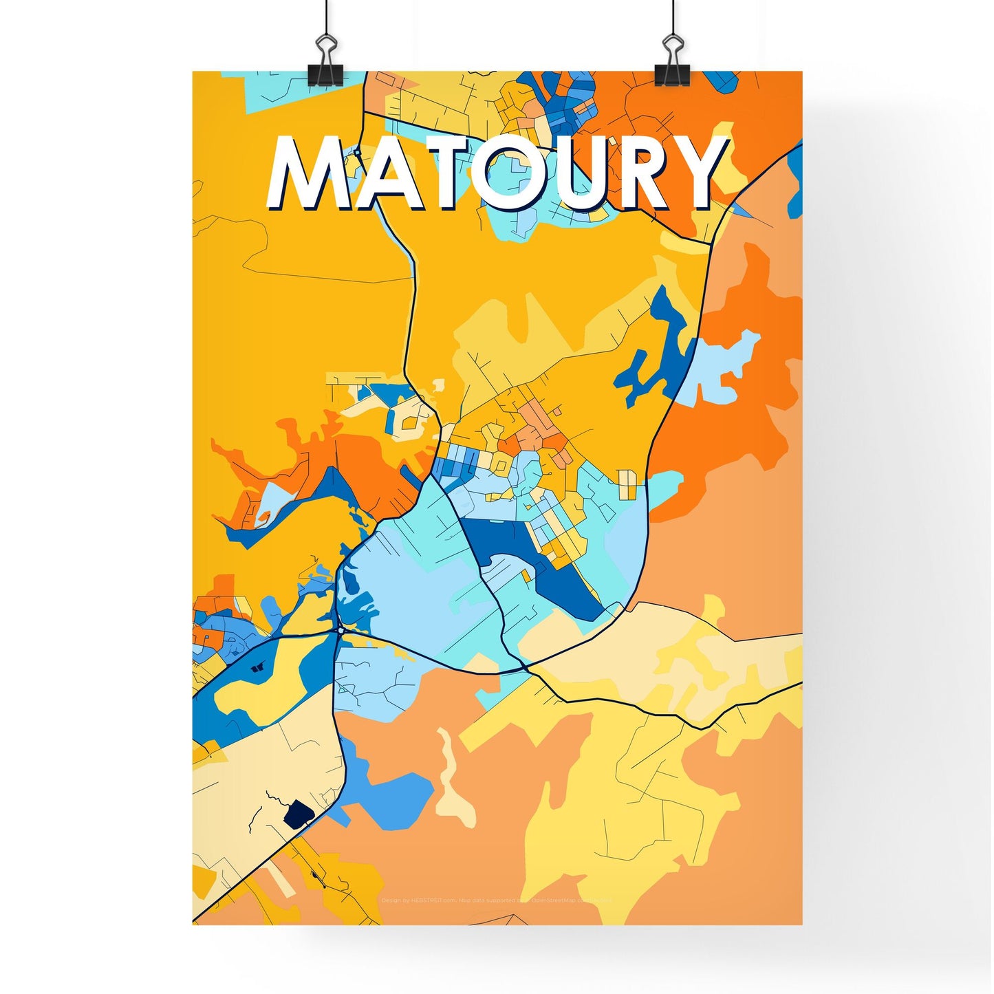 MATOURY FRANCE Vibrant Colorful Art Map Poster Blue Orange