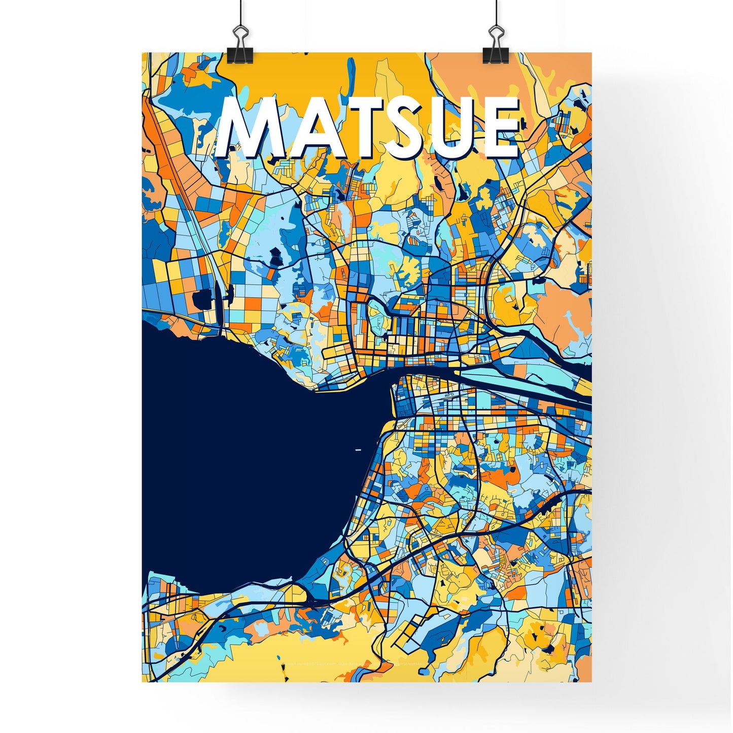 MATSUE JAPAN Vibrant Colorful Art Map Poster Blue Orange