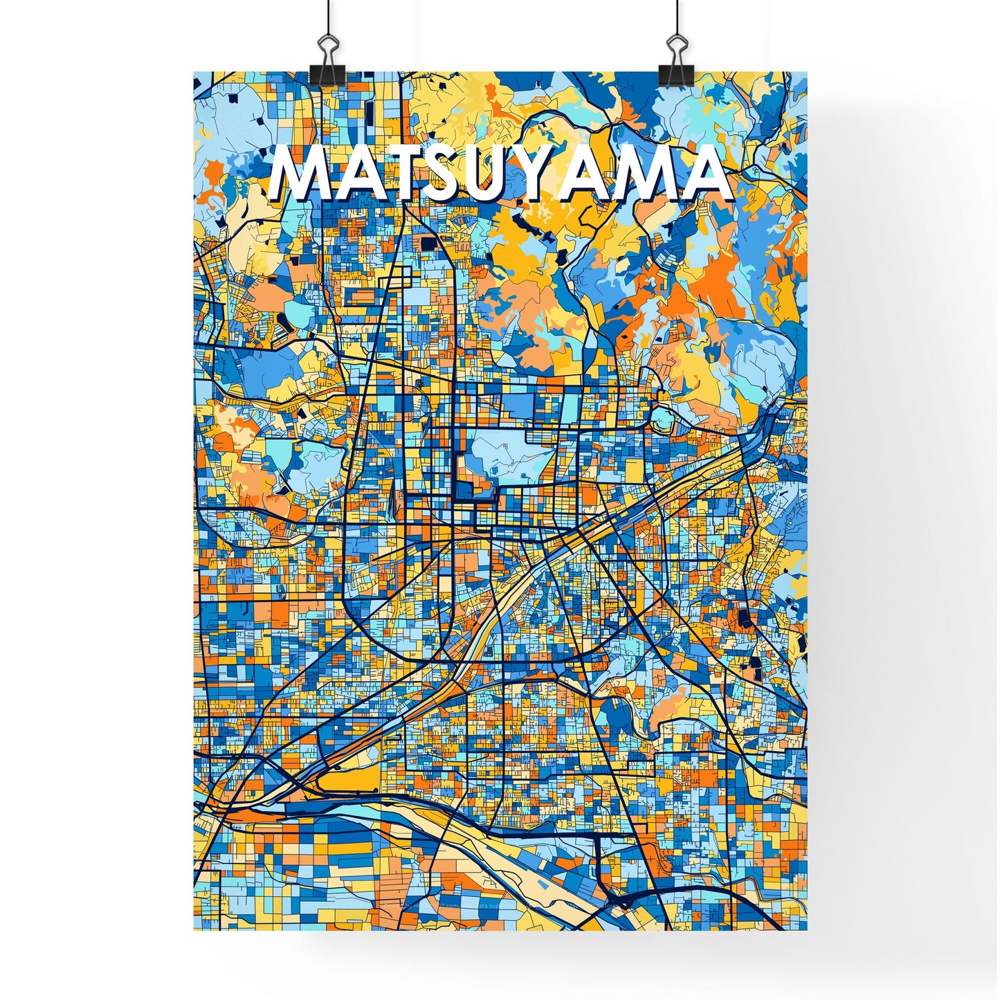 MATSUYAMA JAPAN Vibrant Colorful Art Map Poster Blue Orange