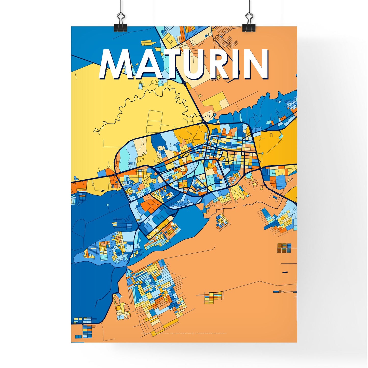 MATURIN VENEZUELA Vibrant Colorful Art Map Poster Blue Orange