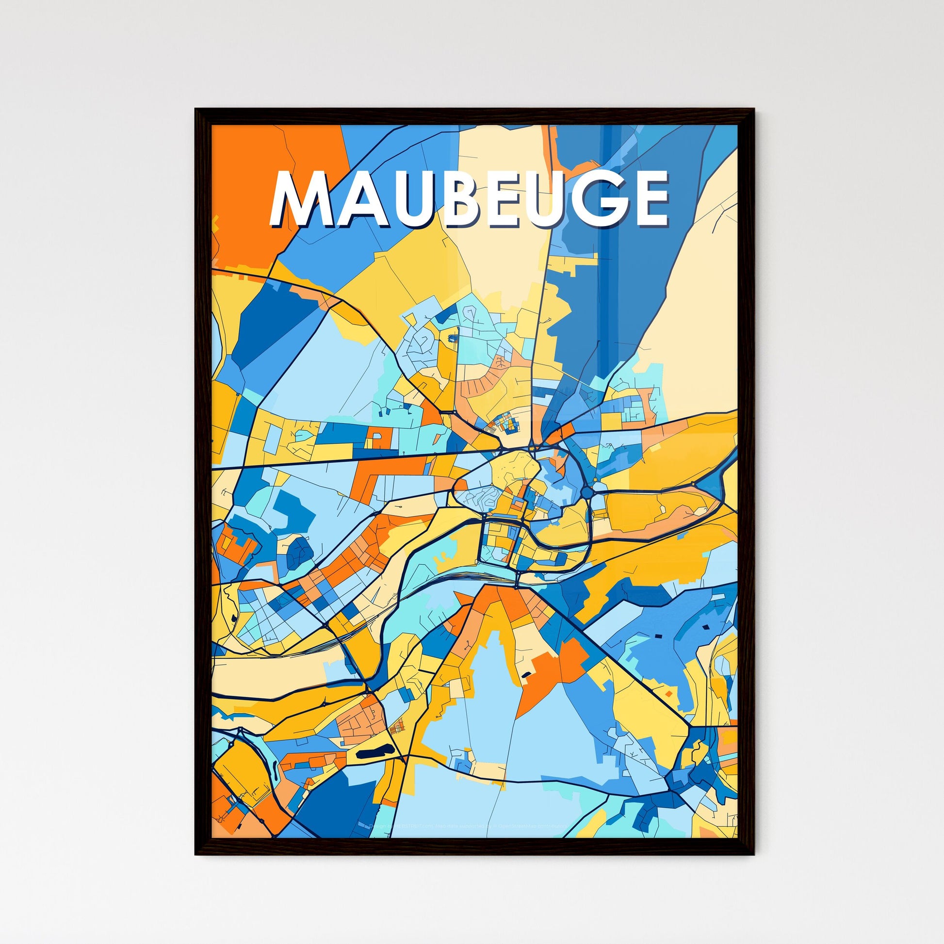 MAUBEUGE FRANCE Vibrant Colorful Art Map Poster Blue Orange