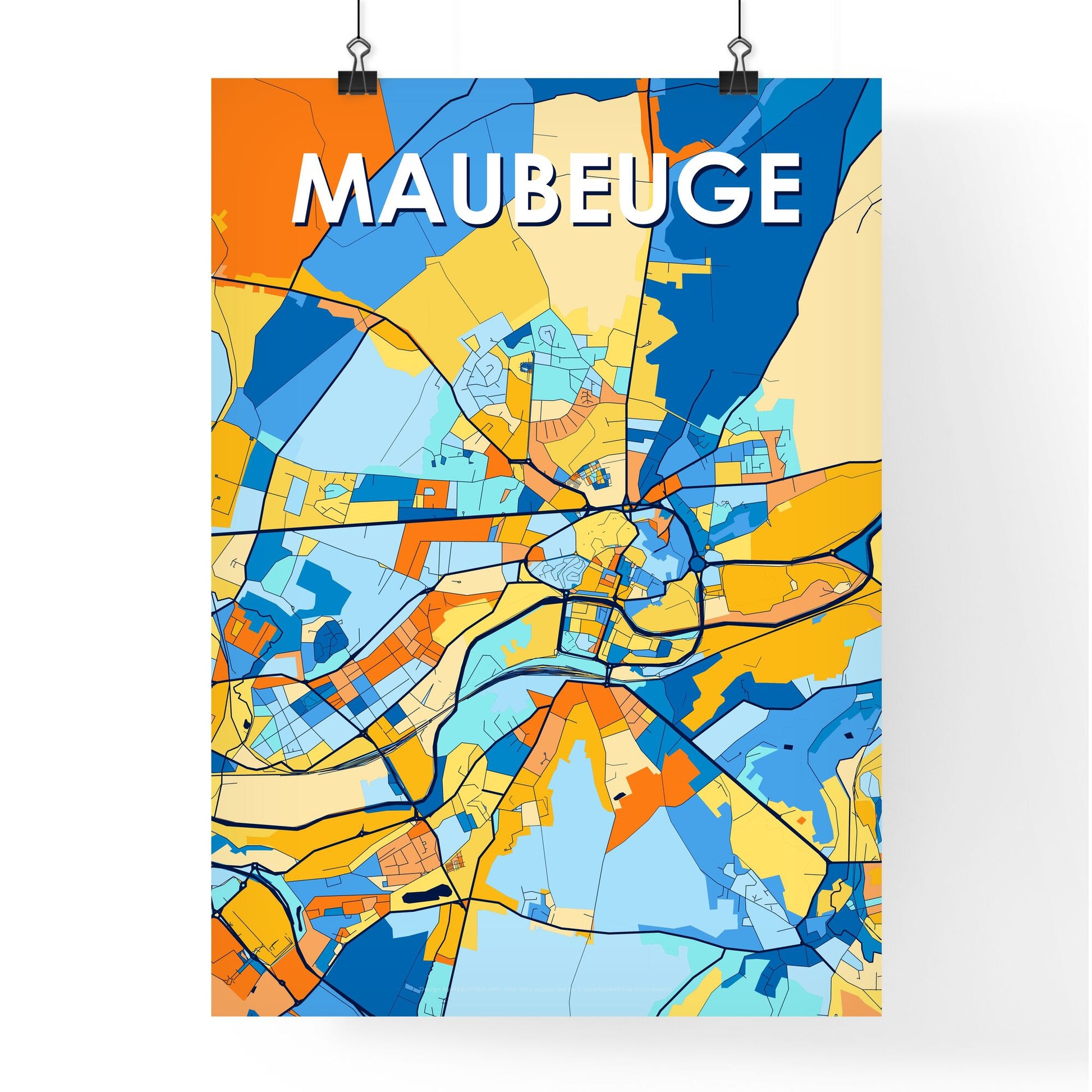 MAUBEUGE FRANCE Vibrant Colorful Art Map Poster Blue Orange