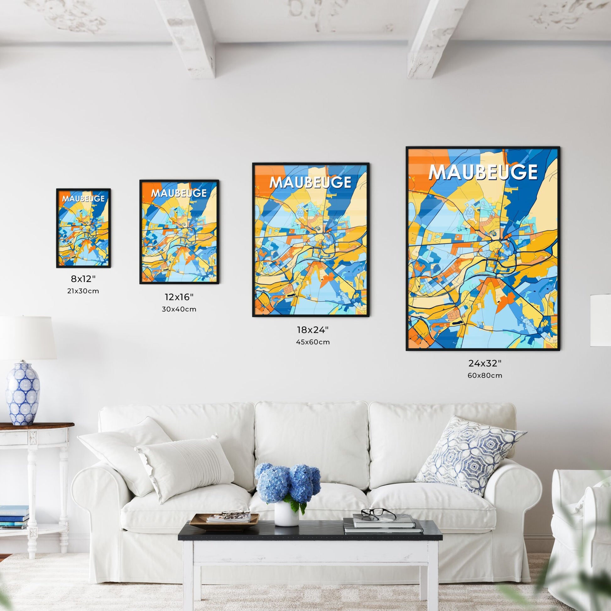 MAUBEUGE FRANCE Vibrant Colorful Art Map Poster Blue Orange