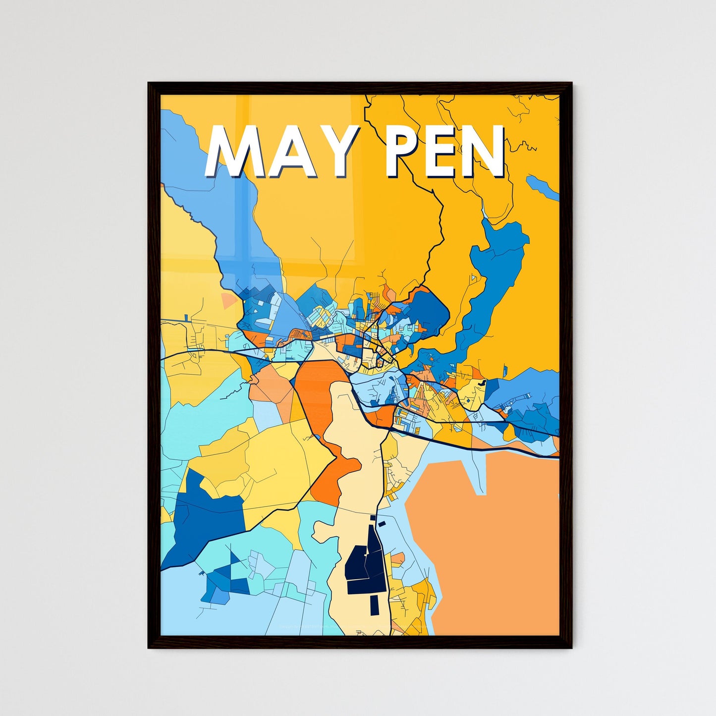 MAY PEN JAMAICA Vibrant Colorful Art Map Poster Blue Orange