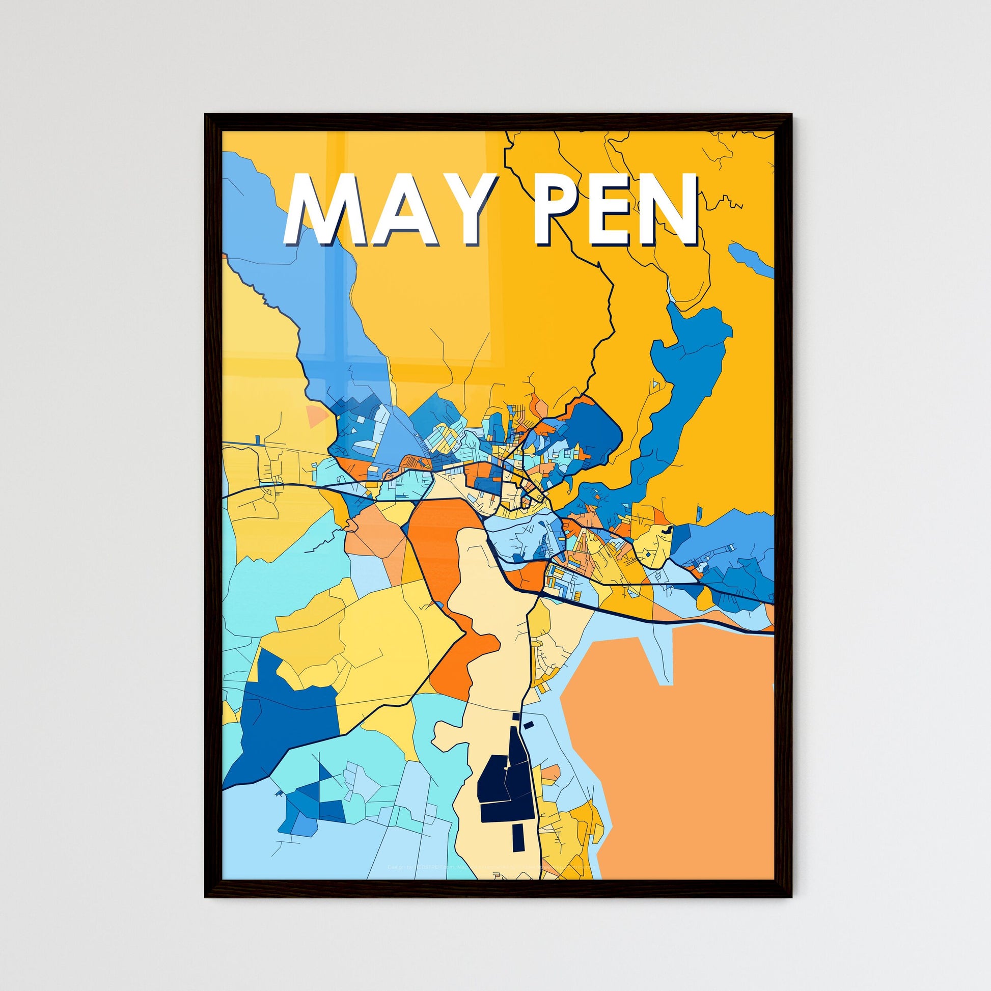 MAY PEN JAMAICA Vibrant Colorful Art Map Poster Blue Orange