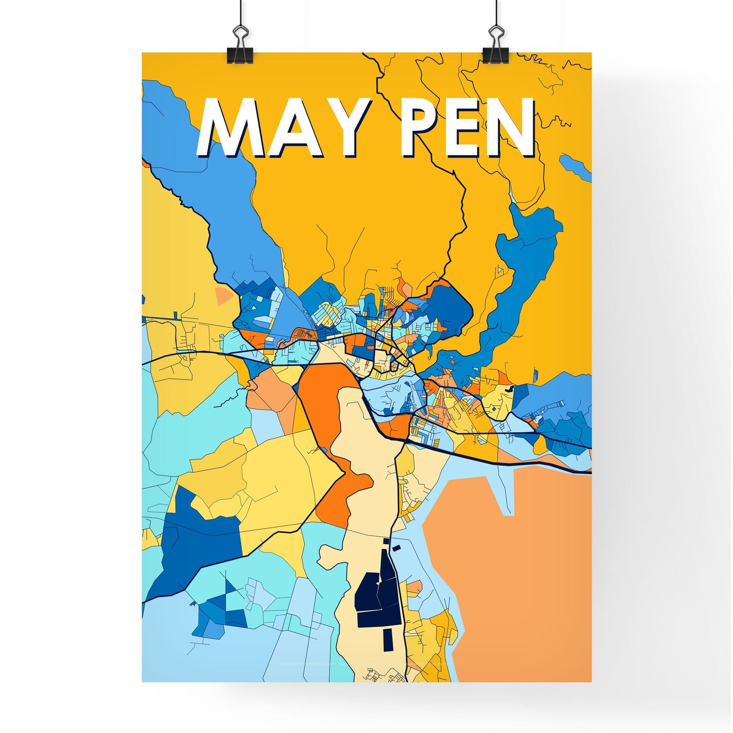 MAY PEN JAMAICA Vibrant Colorful Art Map Poster Blue Orange