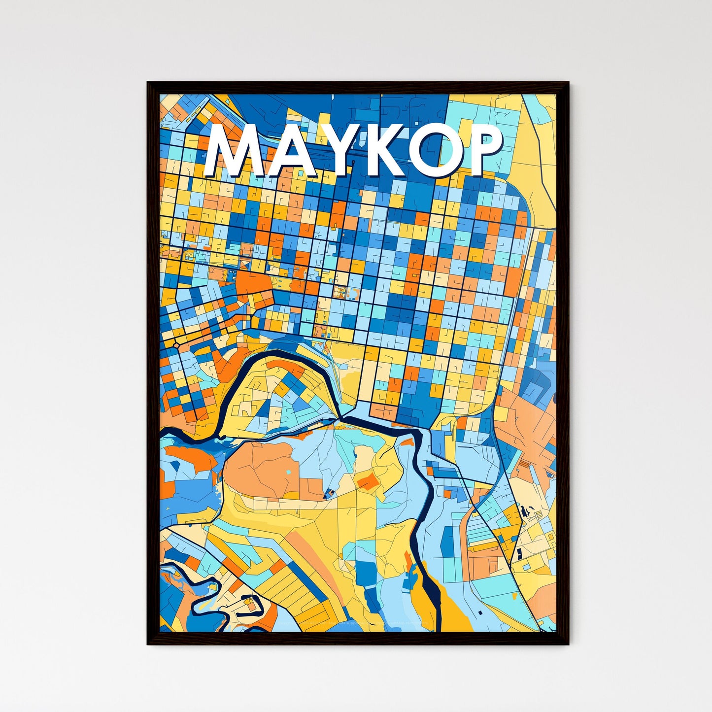 MAYKOP RUSSIA Vibrant Colorful Art Map Poster Blue Orange