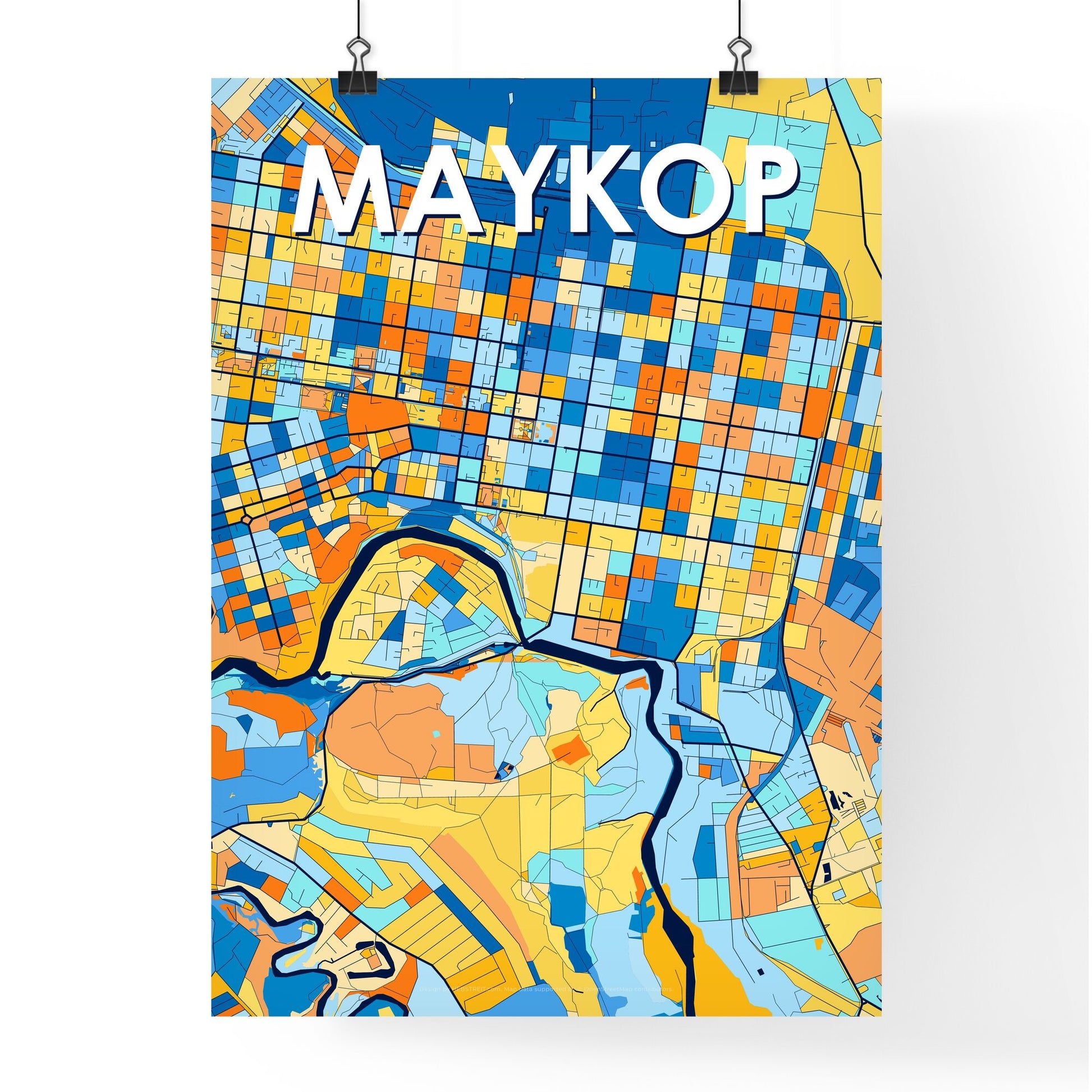 MAYKOP RUSSIA Vibrant Colorful Art Map Poster Blue Orange