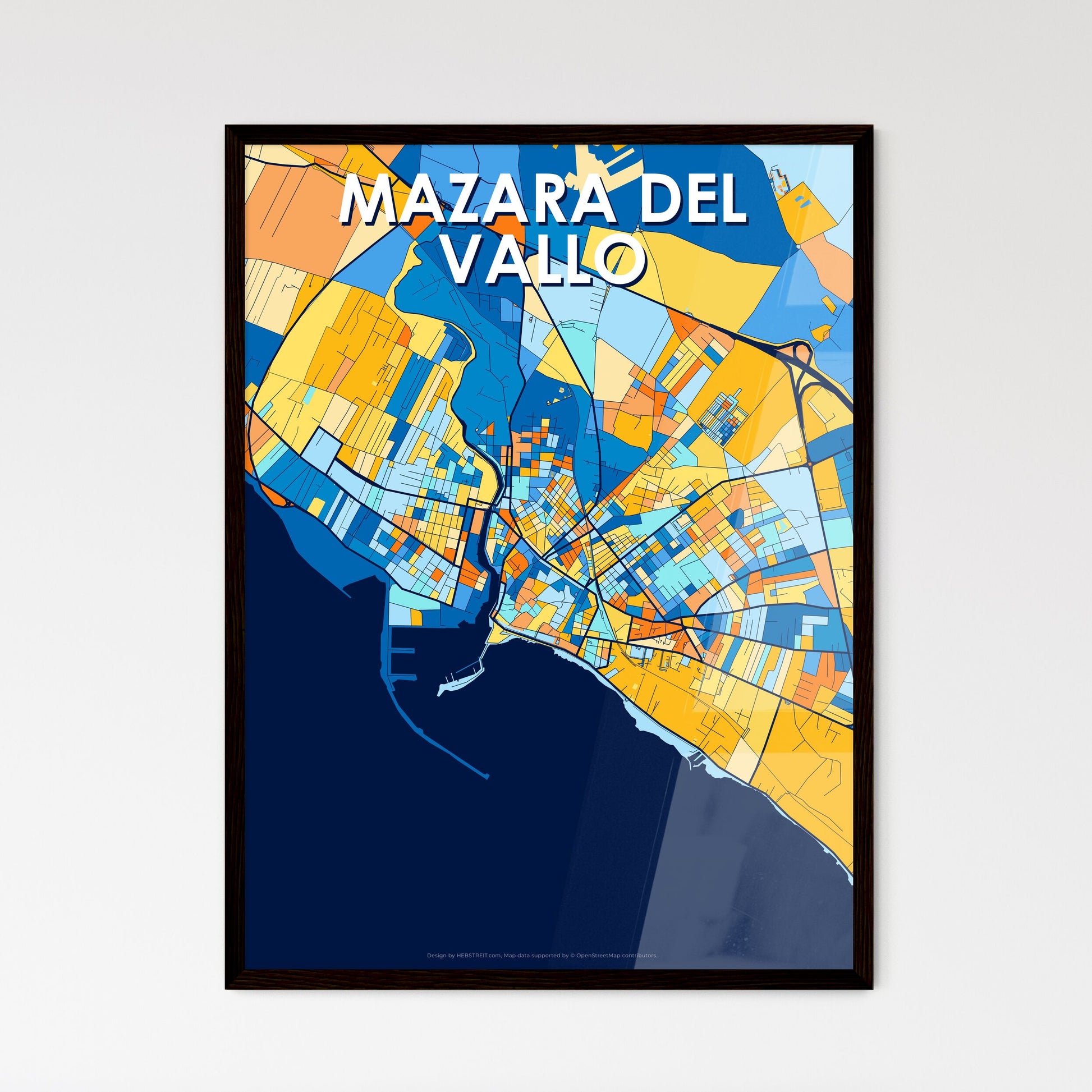 MAZARA DEL VALLO ITALY Vibrant Colorful Art Map Poster Blue Orange