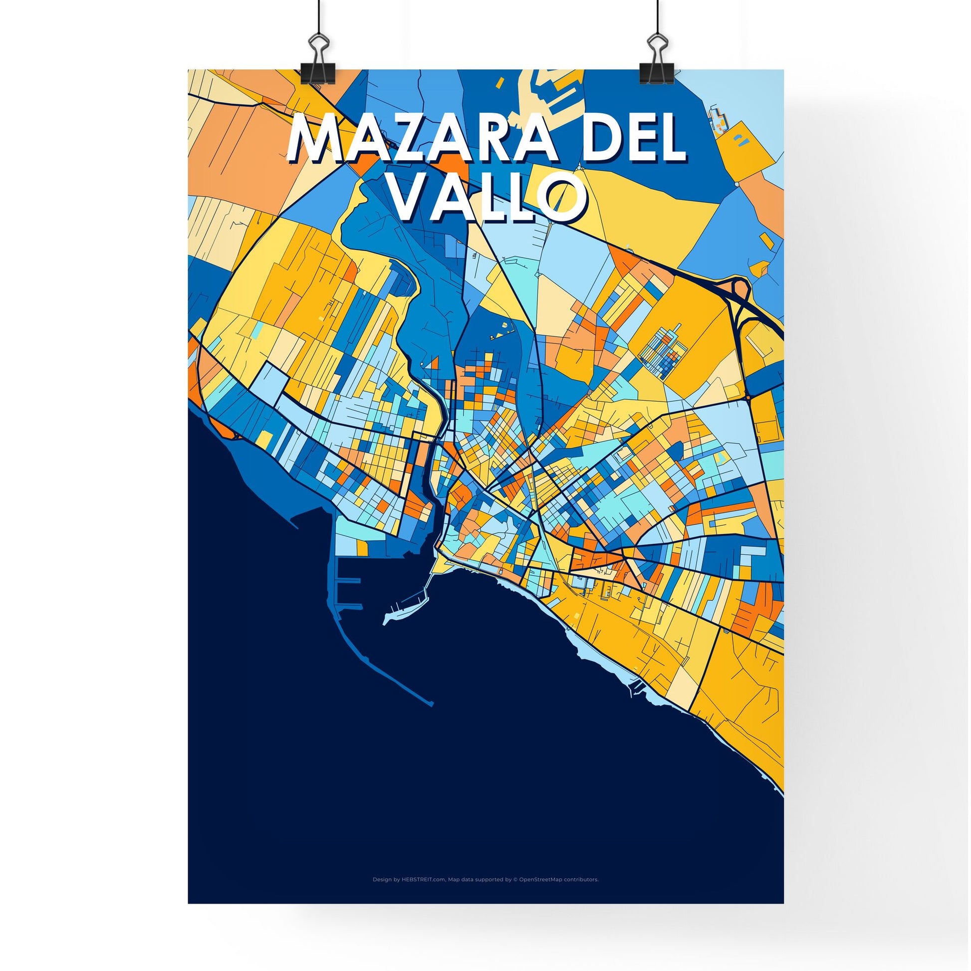 MAZARA DEL VALLO ITALY Vibrant Colorful Art Map Poster Blue Orange