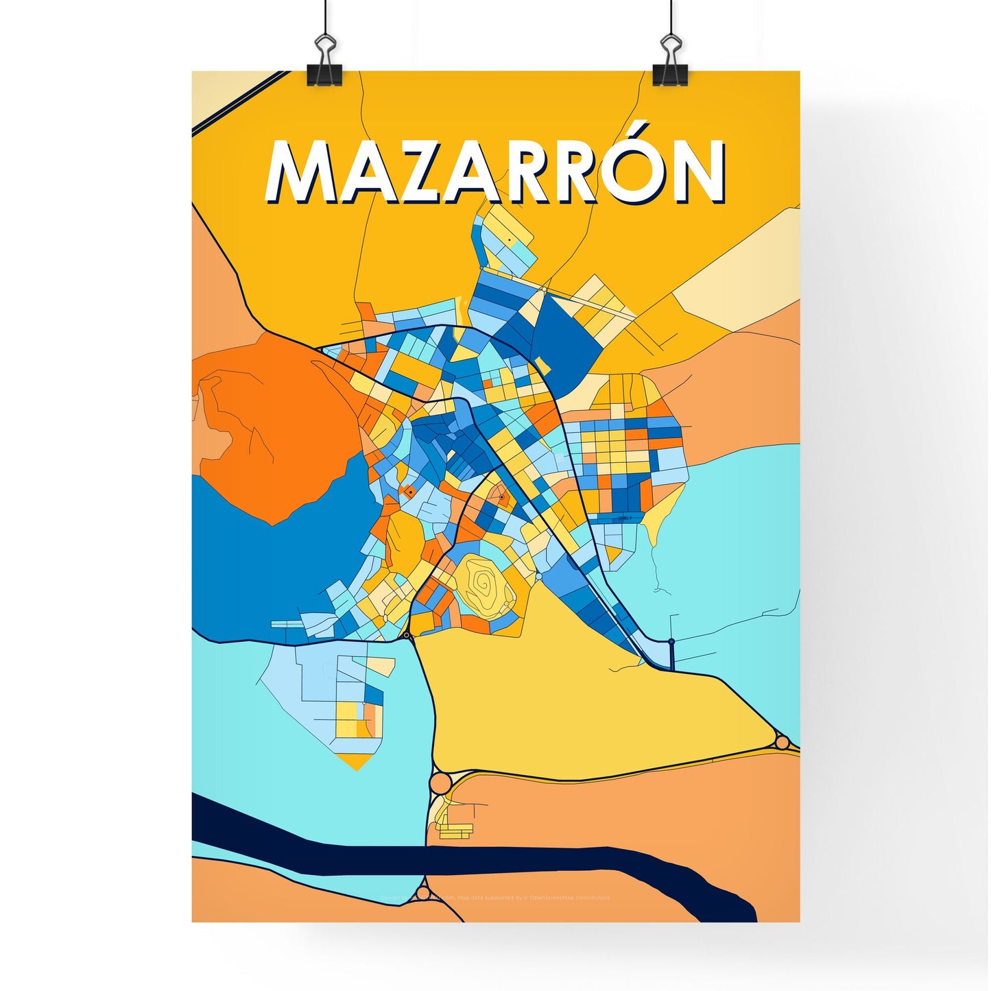 MAZARRÓN SPAIN Vibrant Colorful Art Map Poster Blue Orange