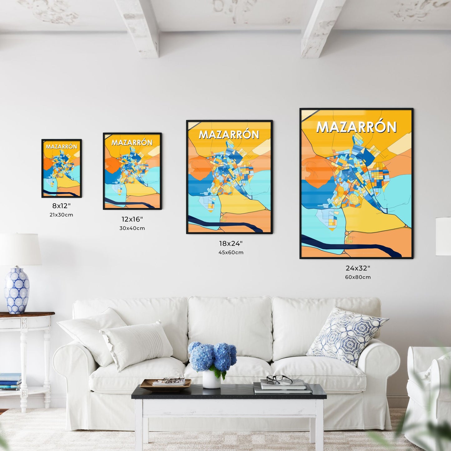 MAZARRÓN SPAIN Vibrant Colorful Art Map Poster Blue Orange