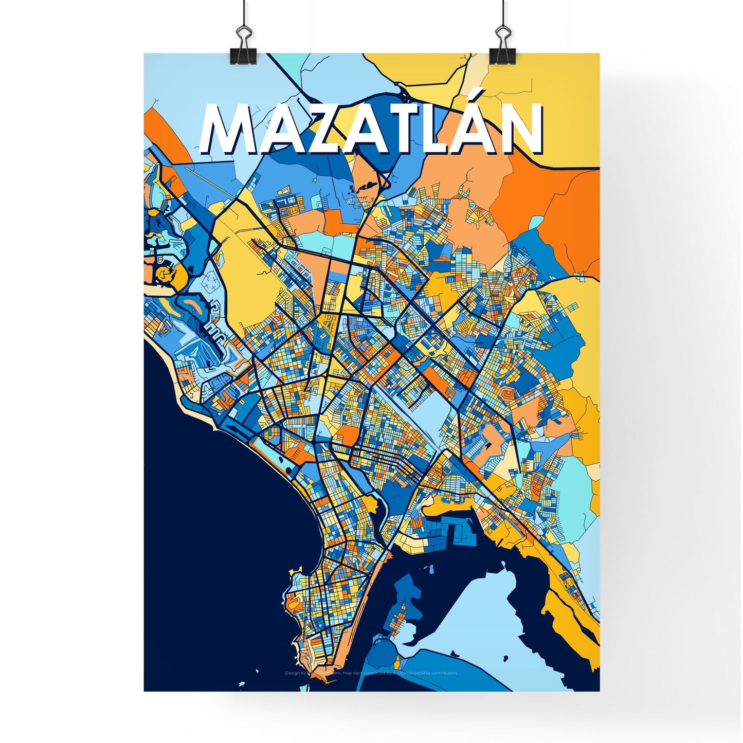 MAZATLÁN MEXICO Vibrant Colorful Art Map Poster Blue Orange