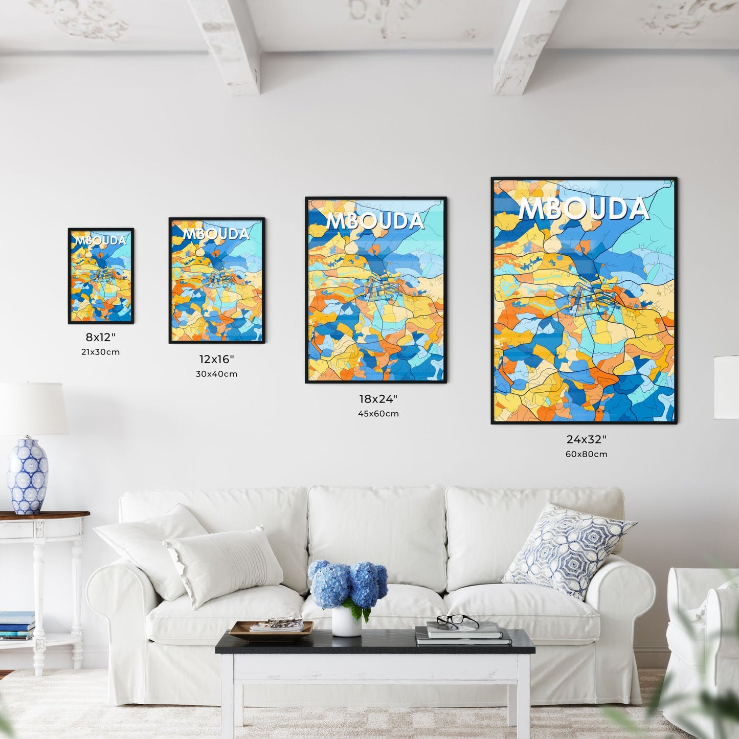 MBOUDA CAMEROON Vibrant Colorful Art Map Poster Blue Orange