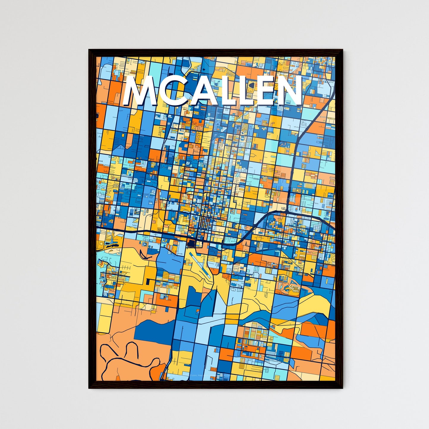 MCALLEN TEXAS Vibrant Colorful Art Map Poster Blue Orange