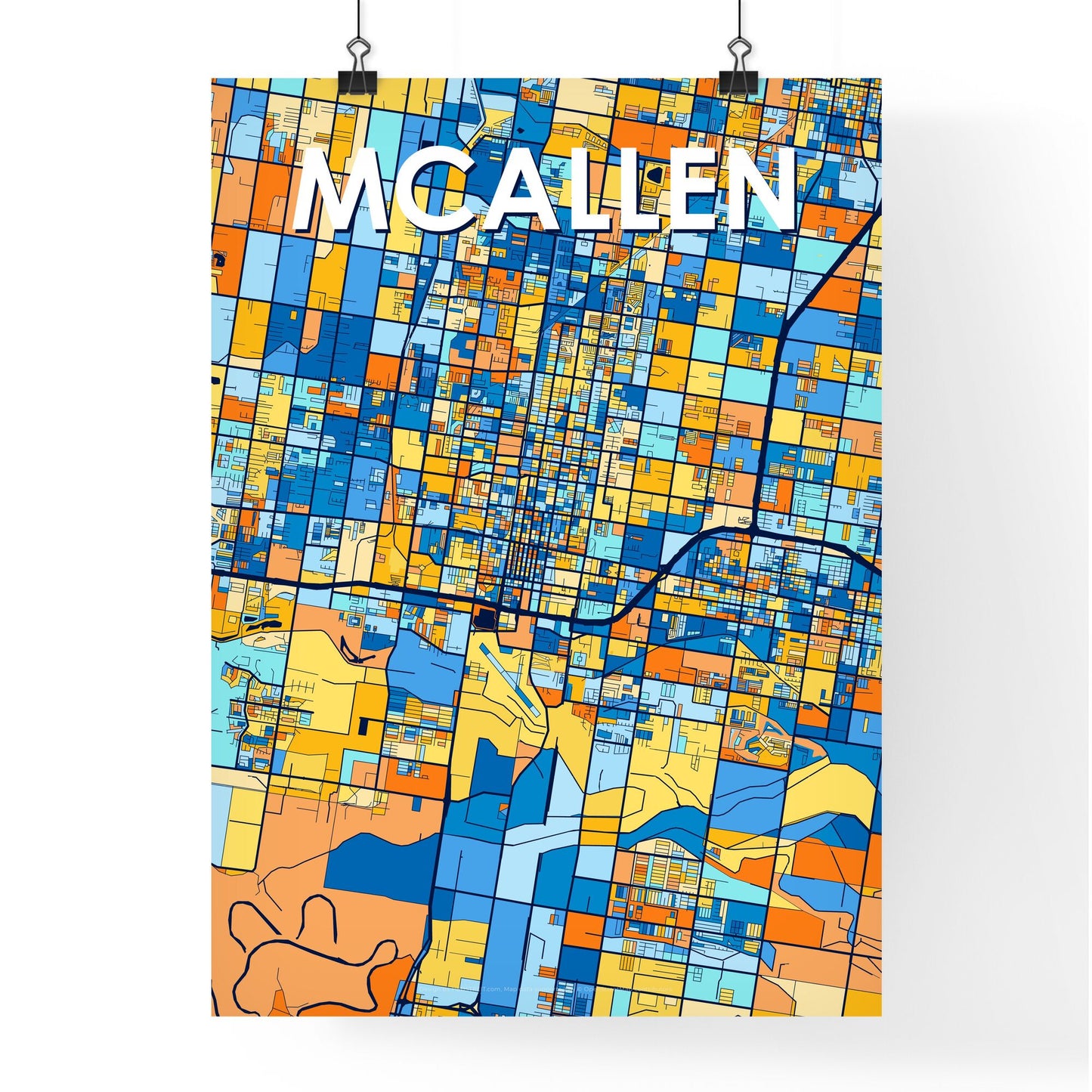 MCALLEN TEXAS Vibrant Colorful Art Map Poster Blue Orange