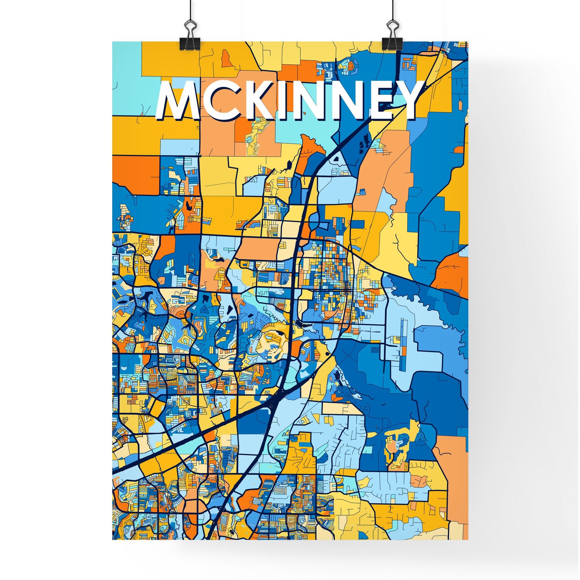 MCKINNEY TEXAS Vibrant Colorful Art Map Poster Blue Orange