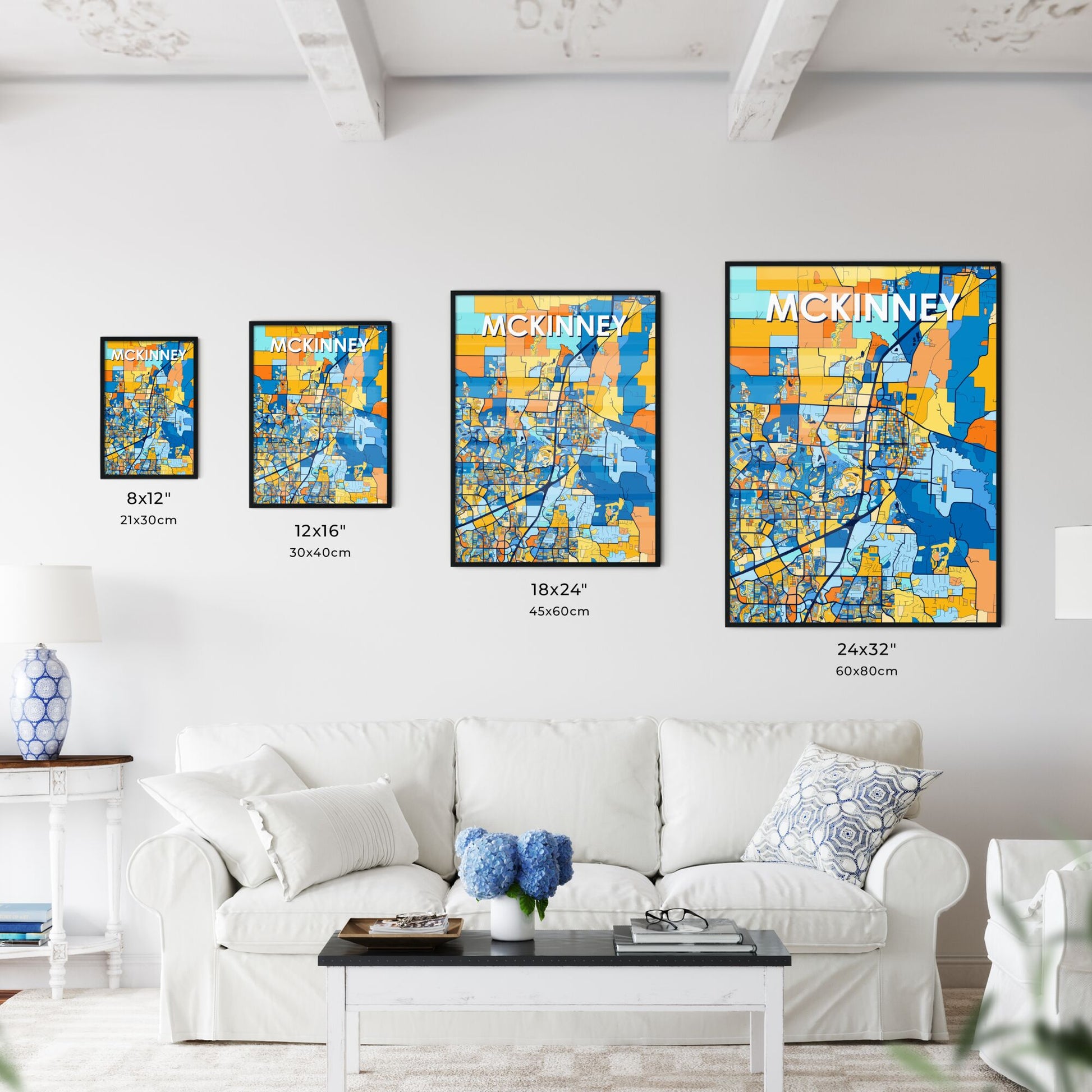 MCKINNEY TEXAS Vibrant Colorful Art Map Poster Blue Orange