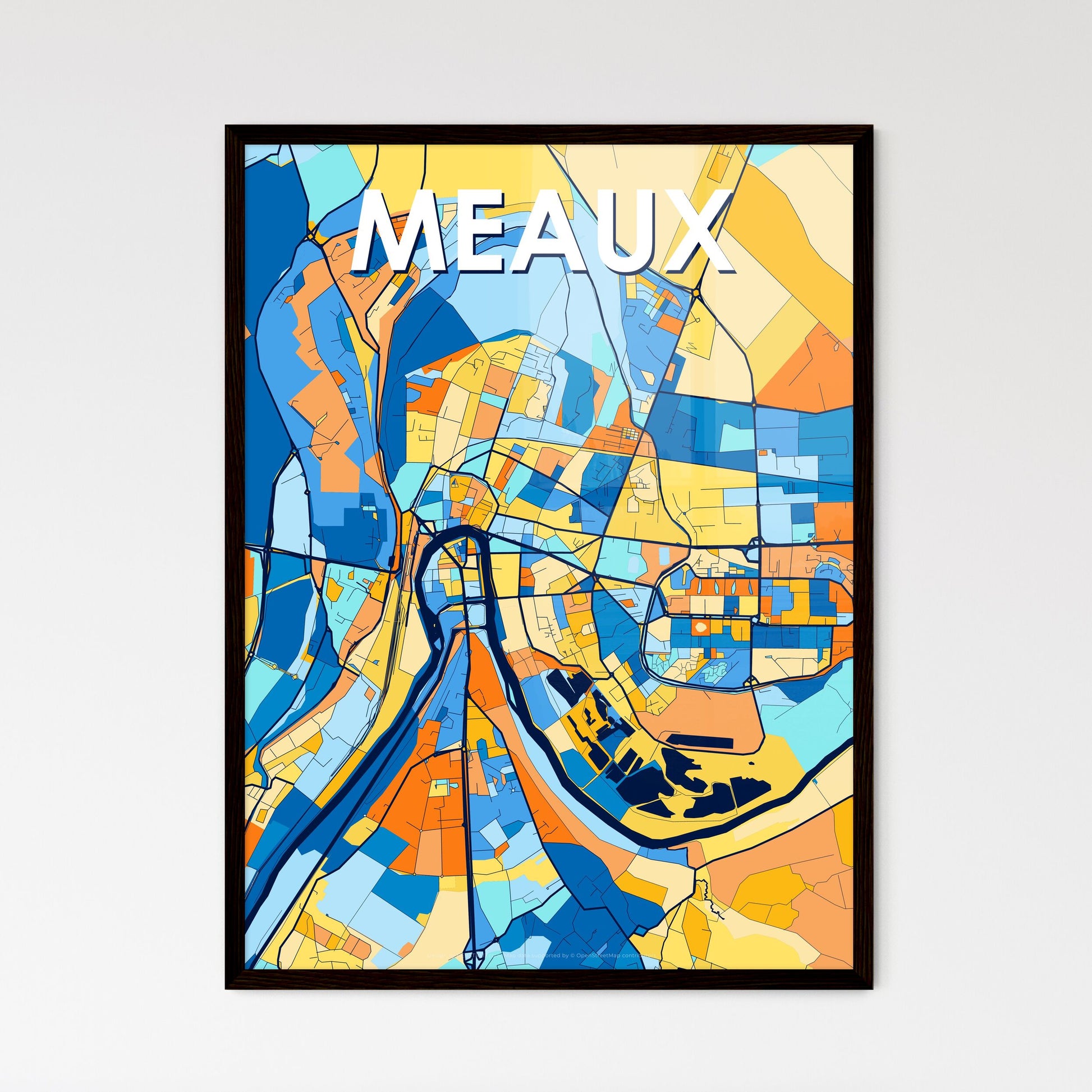 MEAUX FRANCE Vibrant Colorful Art Map Poster Blue Orange