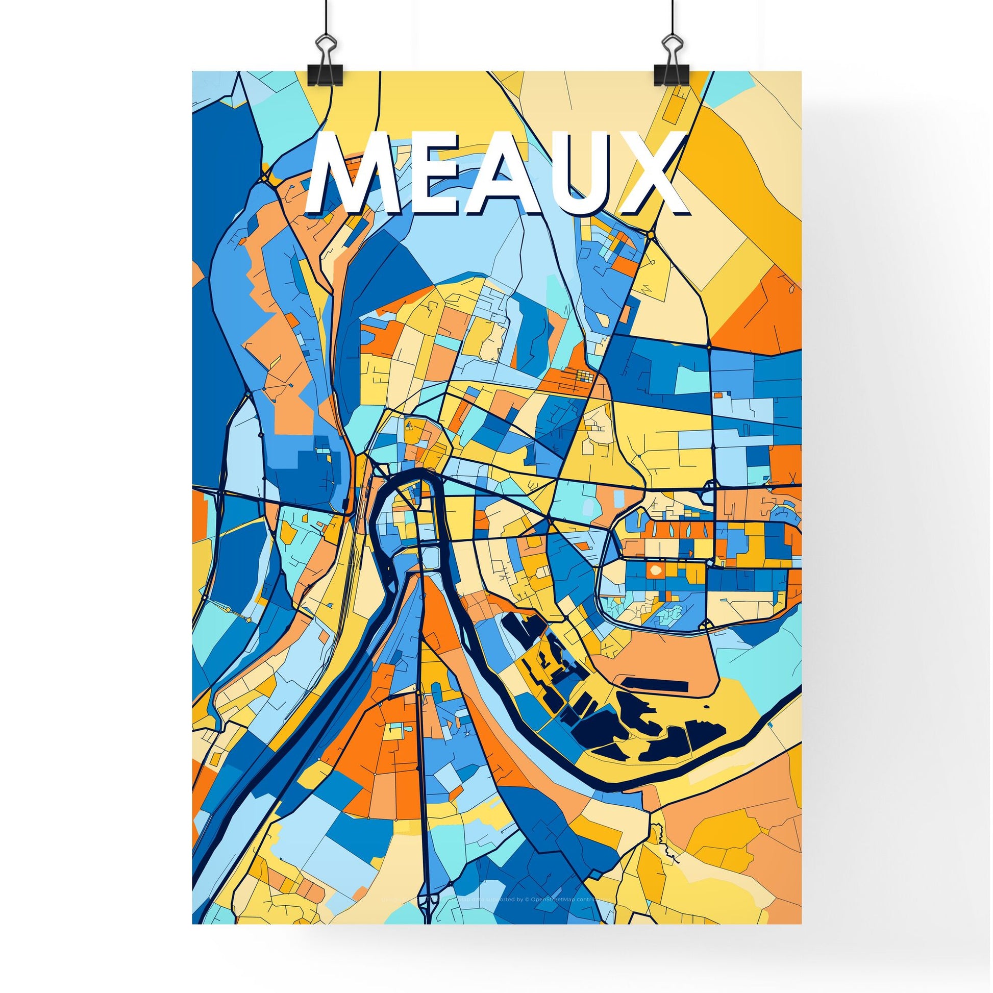 MEAUX FRANCE Vibrant Colorful Art Map Poster Blue Orange