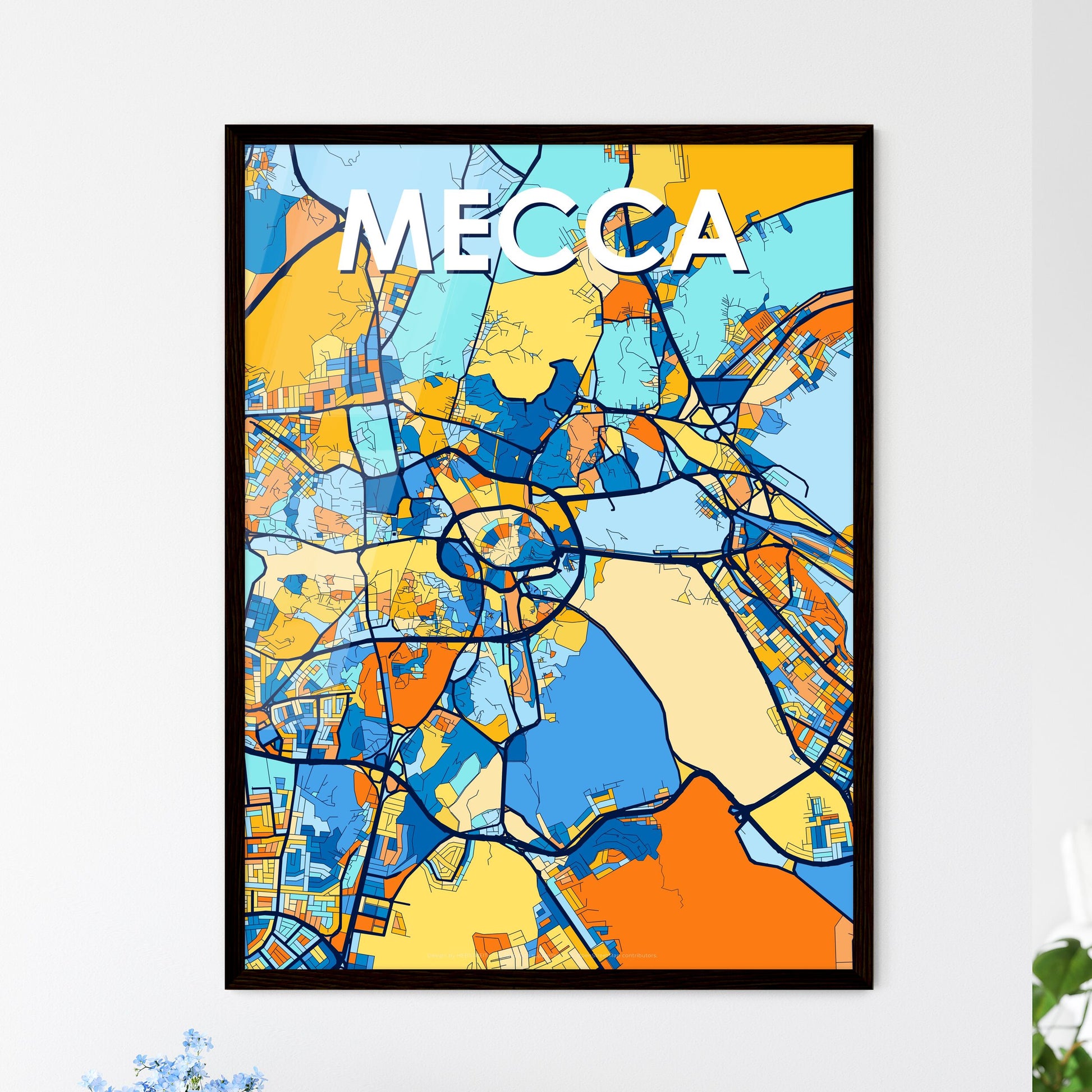 MECCA SAUDI ARABIA Vibrant Colorful Art Map Poster Blue Orange