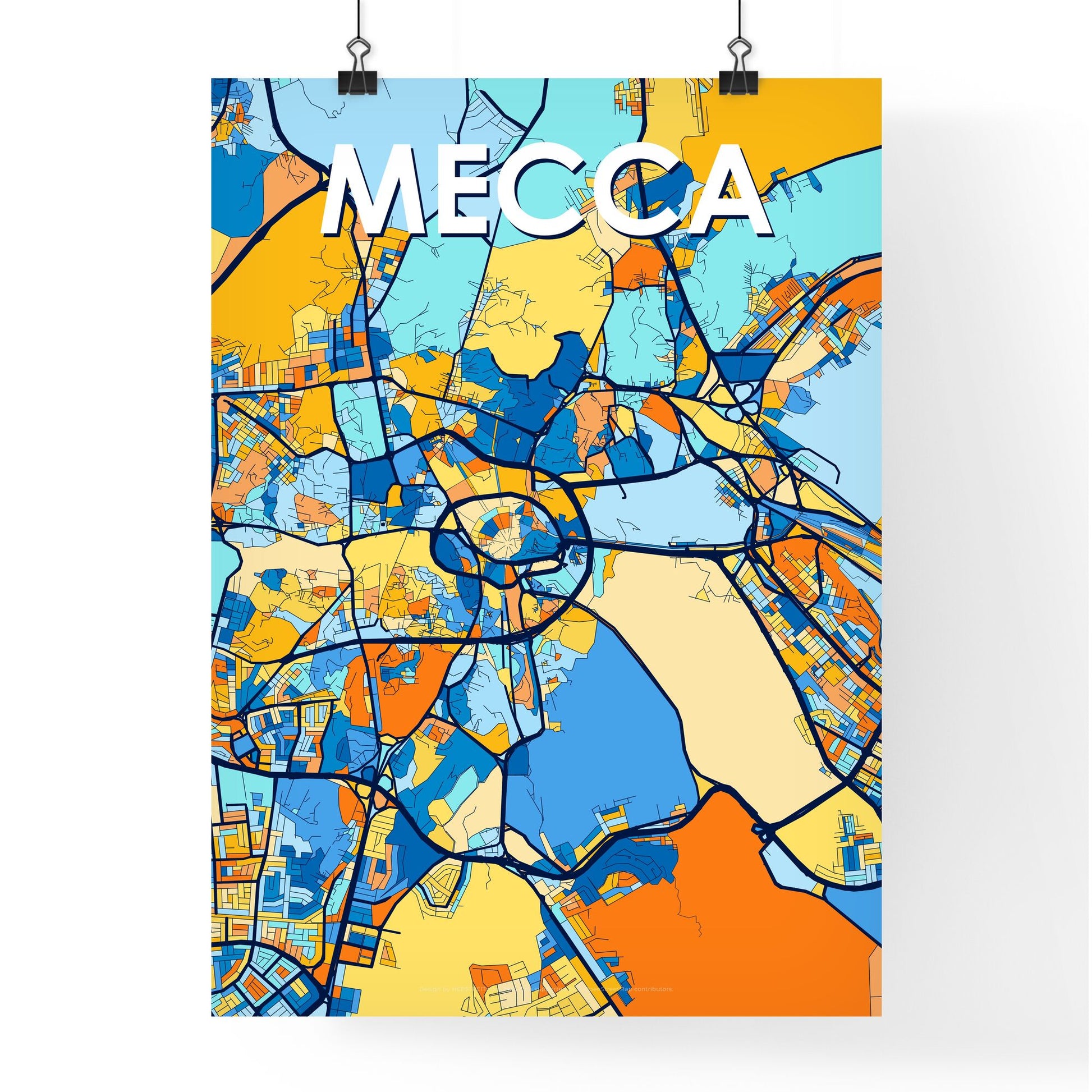 MECCA SAUDI ARABIA Vibrant Colorful Art Map Poster Blue Orange