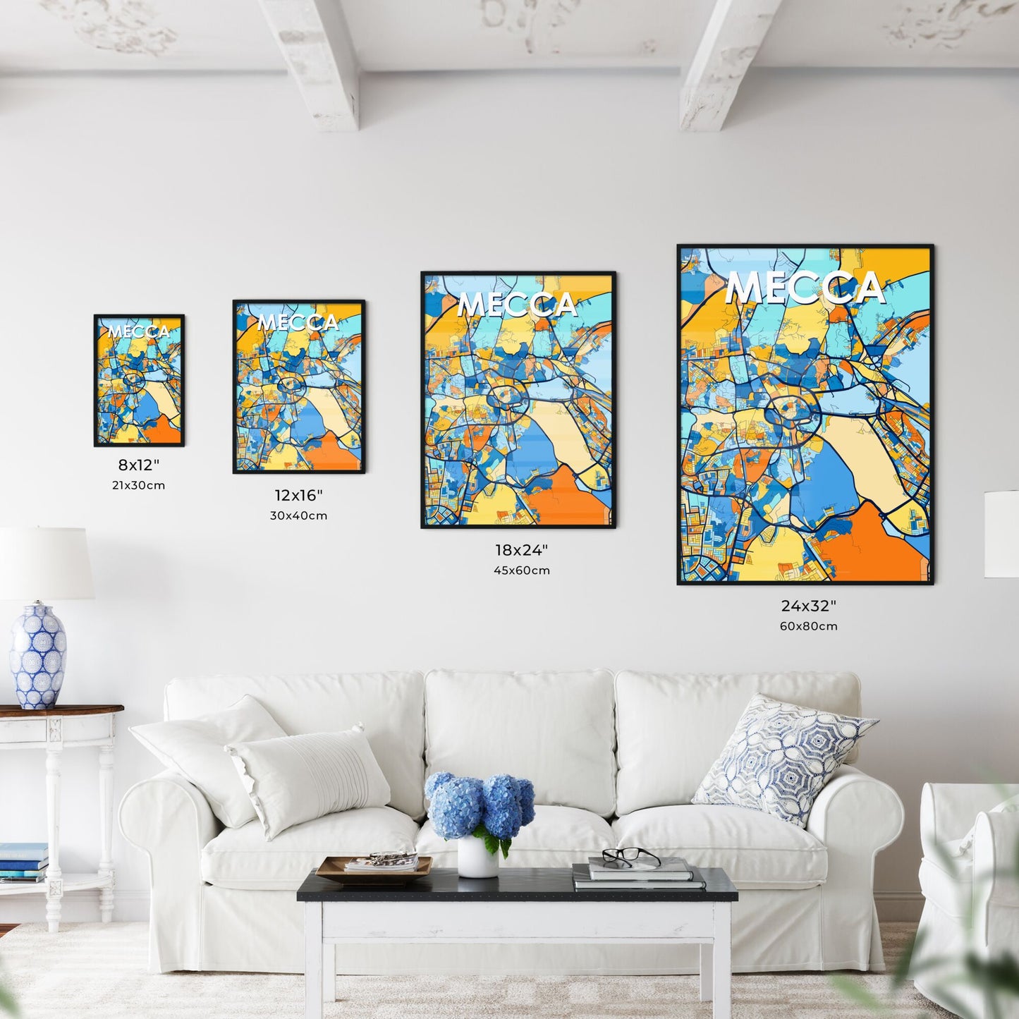 MECCA SAUDI ARABIA Vibrant Colorful Art Map Poster Blue Orange