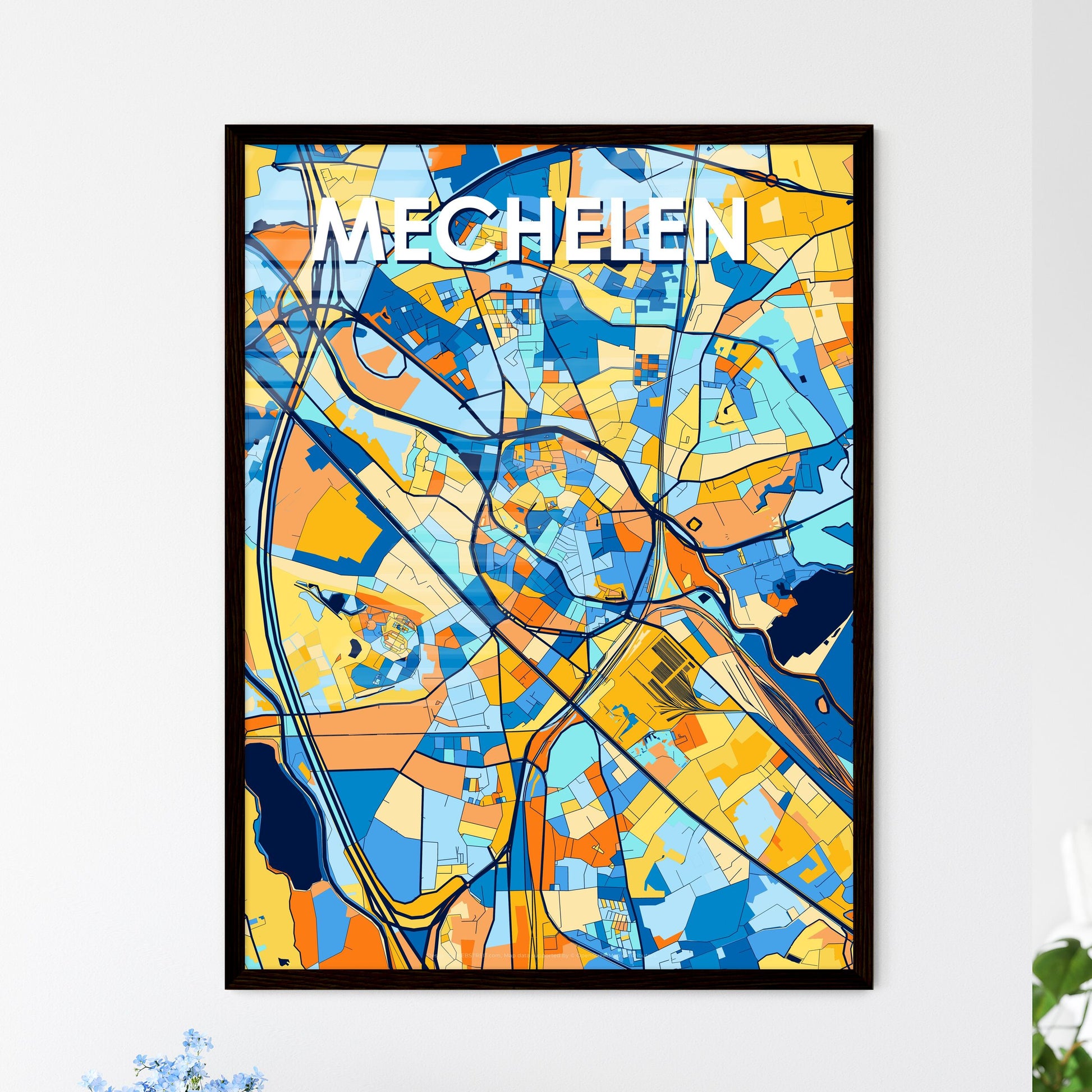 MECHELEN BELGIUM Vibrant Colorful Art Map Poster Blue Orange