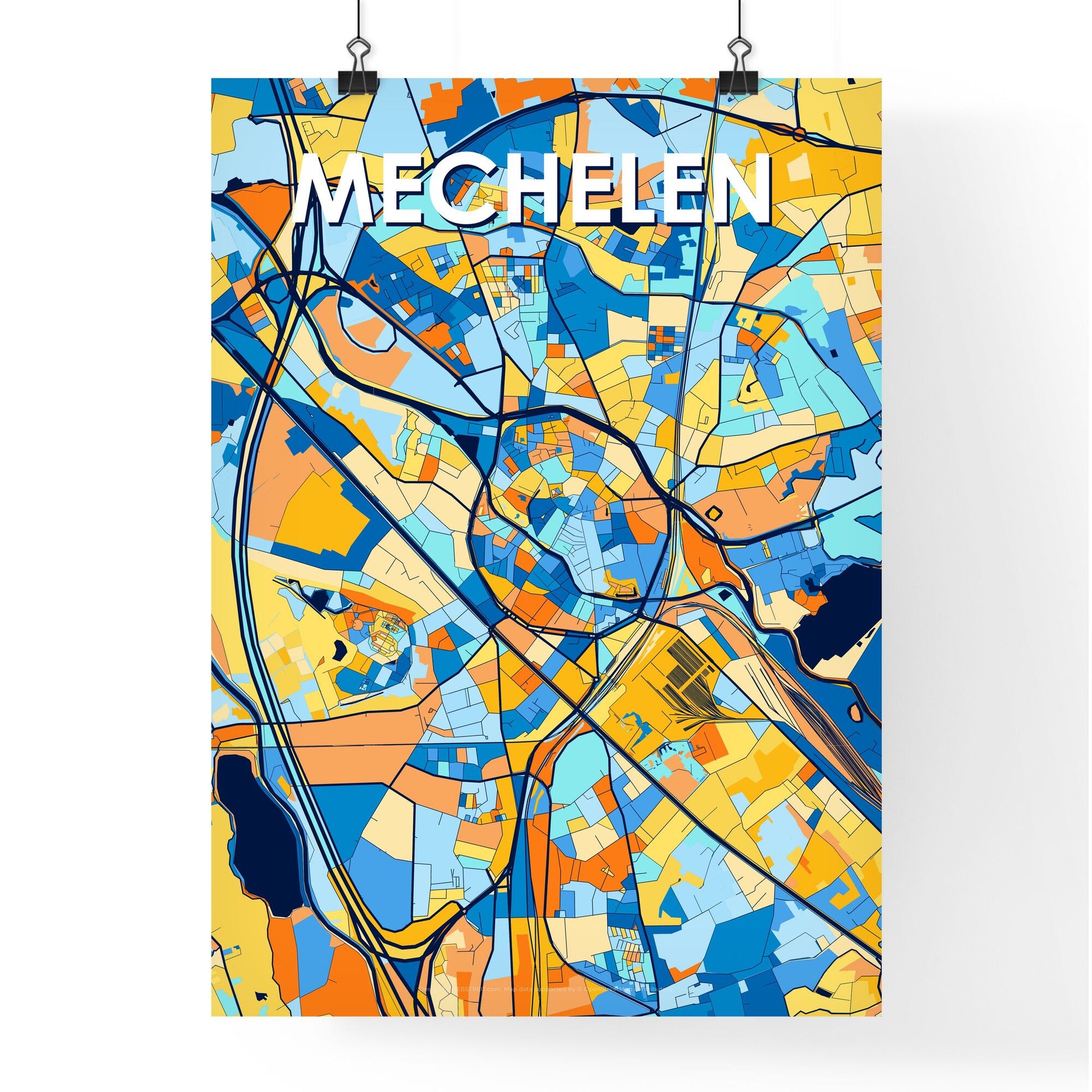 MECHELEN BELGIUM Vibrant Colorful Art Map Poster Blue Orange