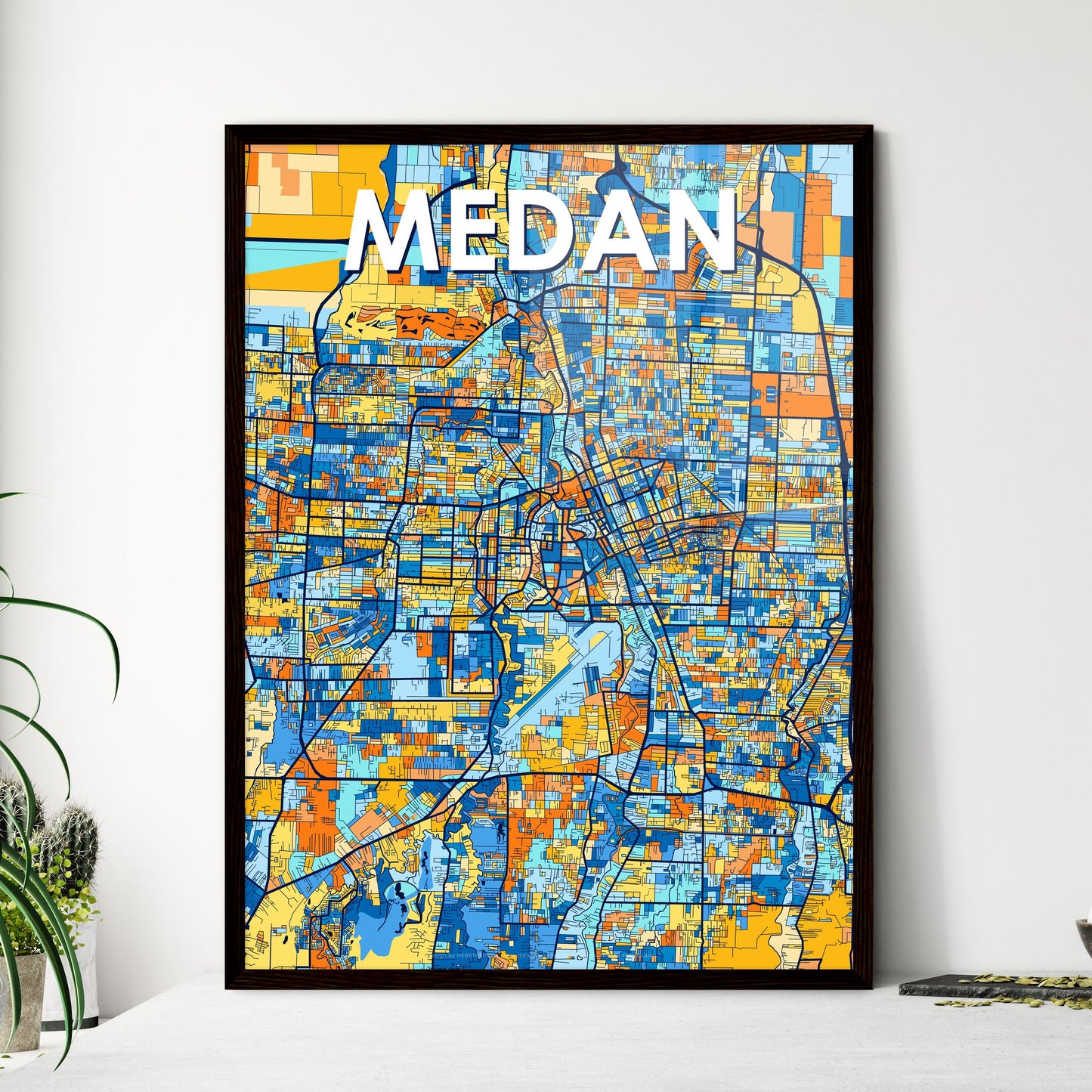 MEDAN INDONESIA Vibrant Colorful Art Map Poster Blue Orange