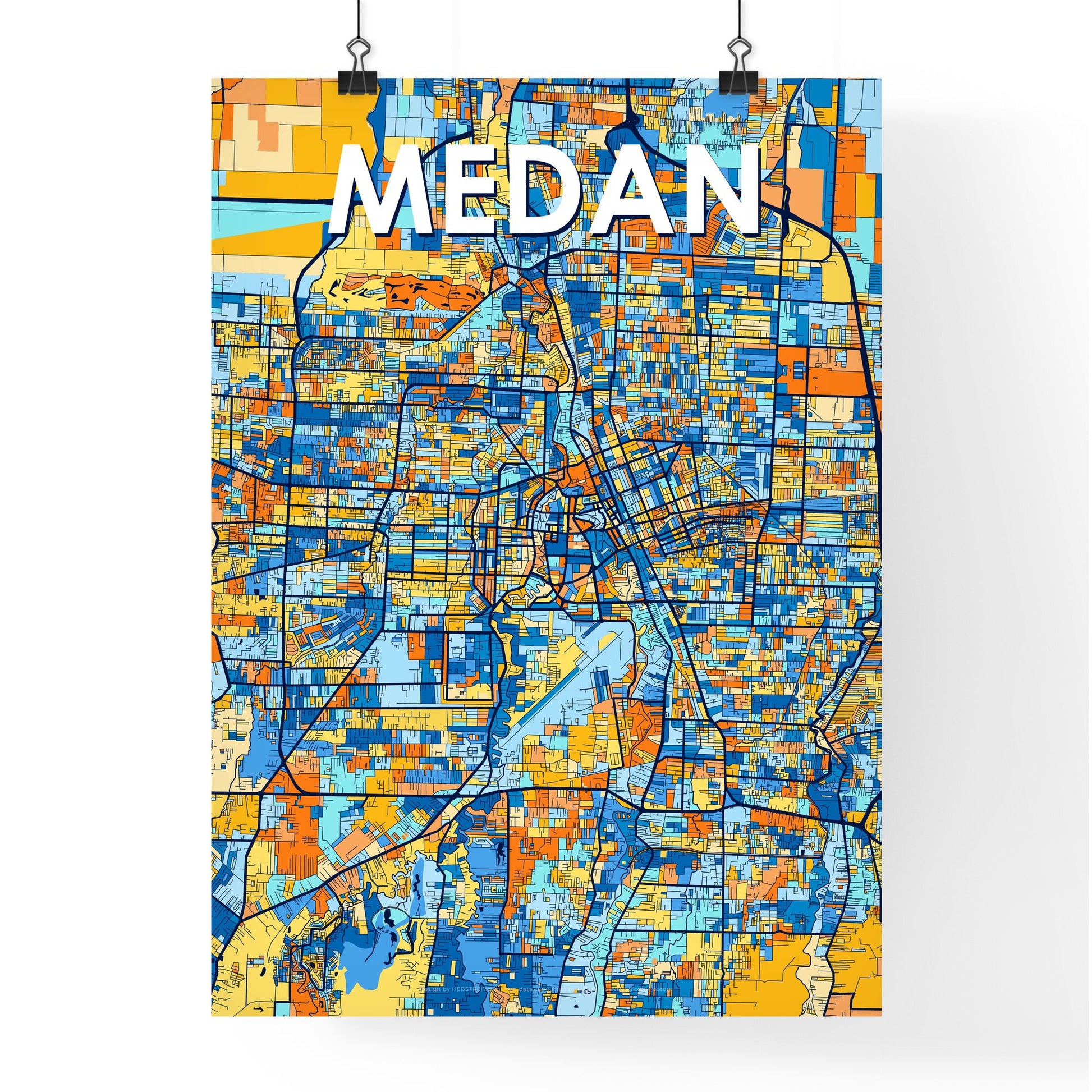 MEDAN INDONESIA Vibrant Colorful Art Map Poster Blue Orange