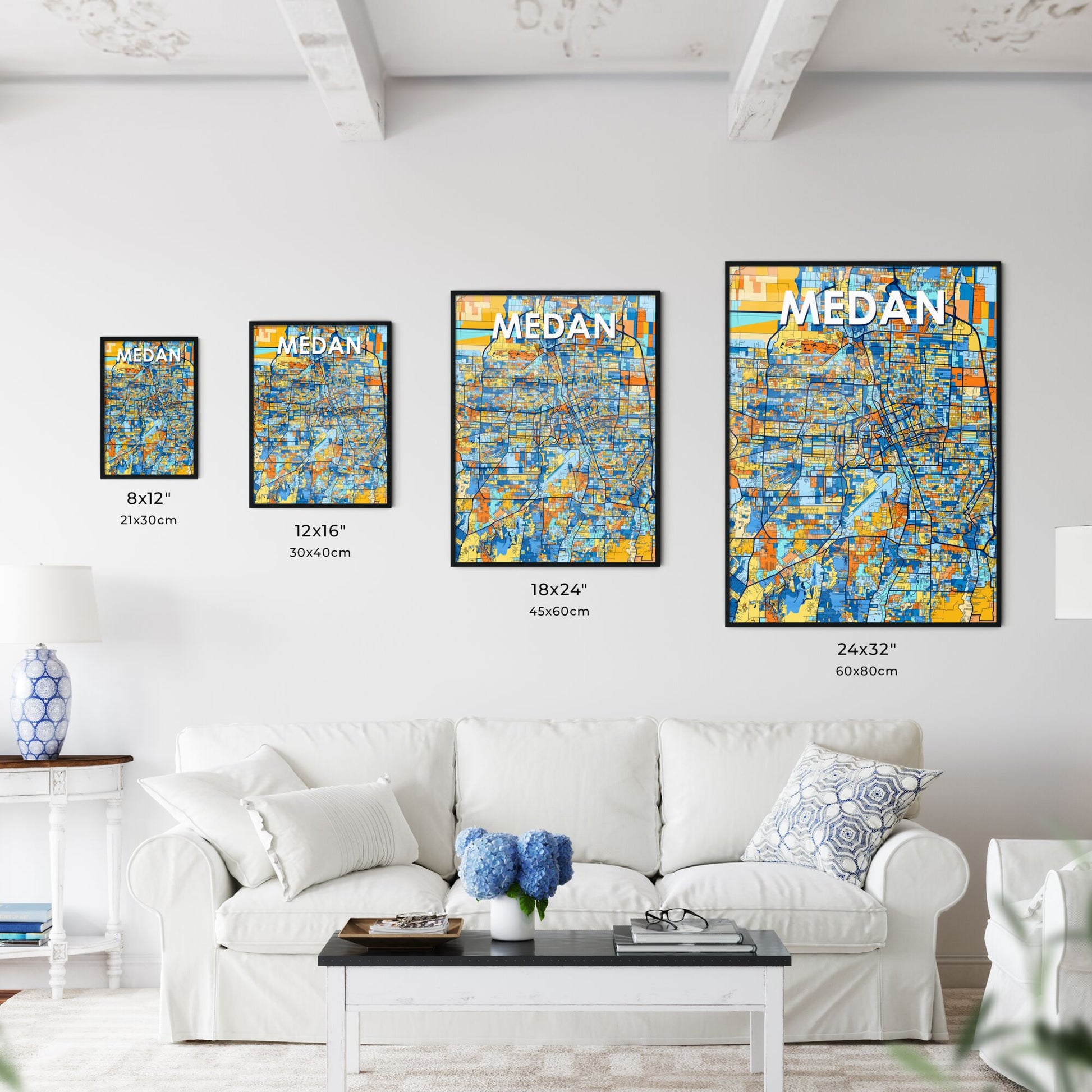 MEDAN INDONESIA Vibrant Colorful Art Map Poster Blue Orange