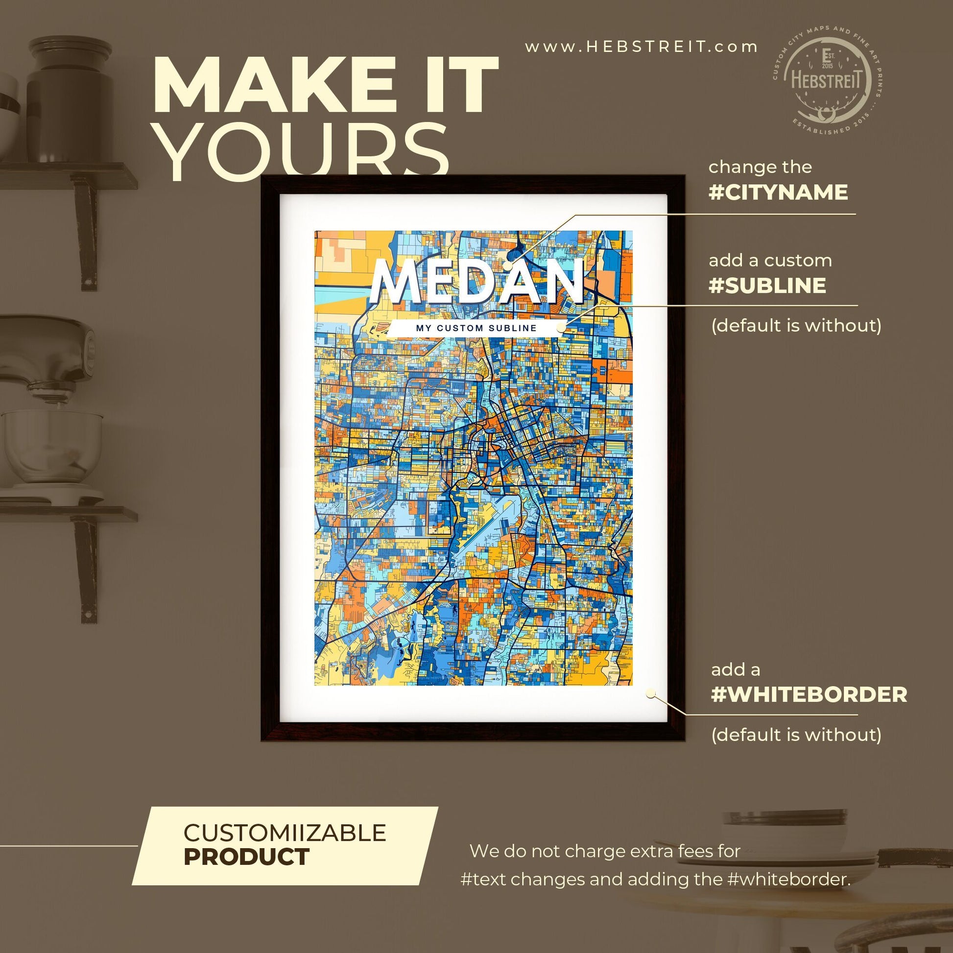 MEDAN INDONESIA Vibrant Colorful Art Map Poster Blue Orange