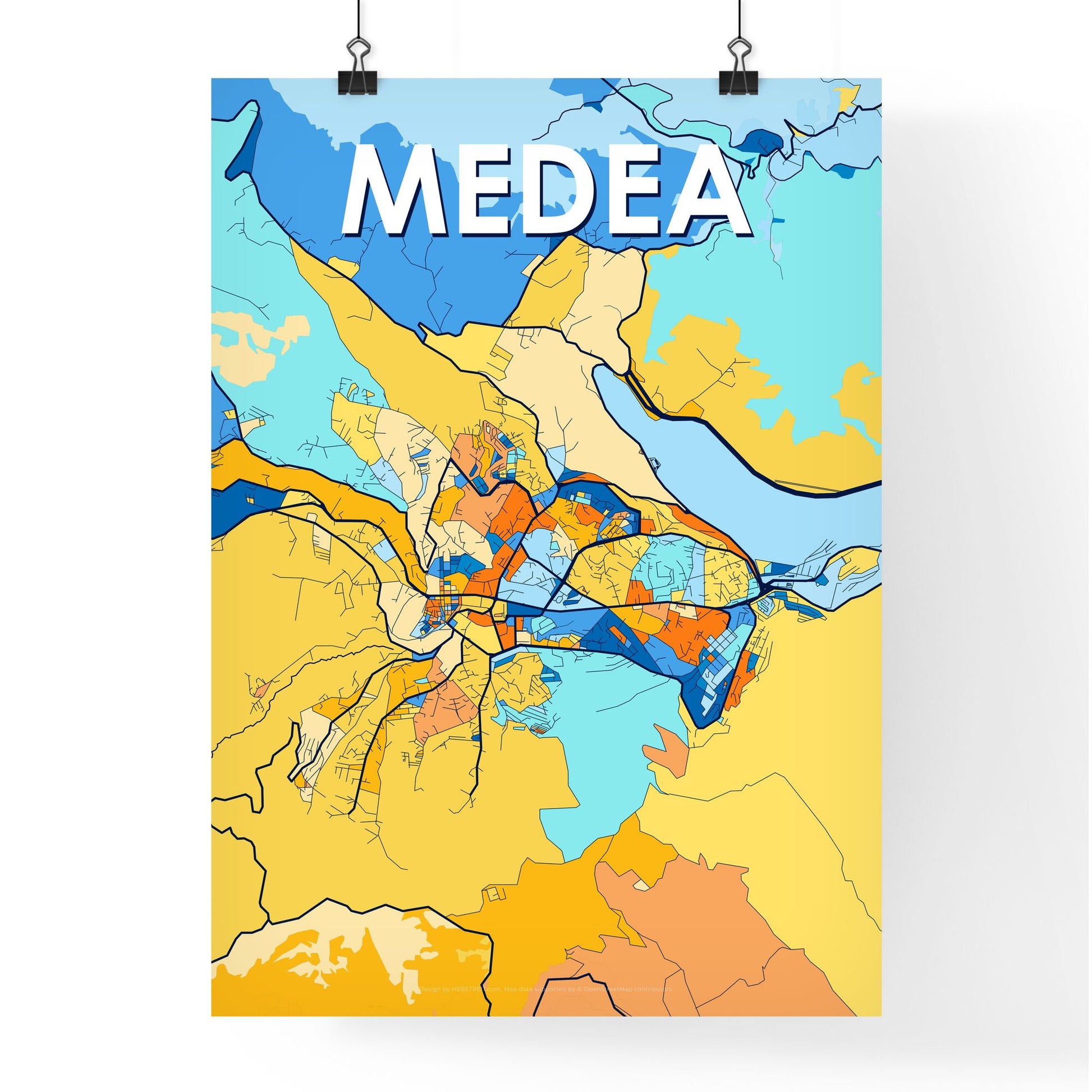 MEDEA ALGERIA Vibrant Colorful Art Map Poster Blue Orange