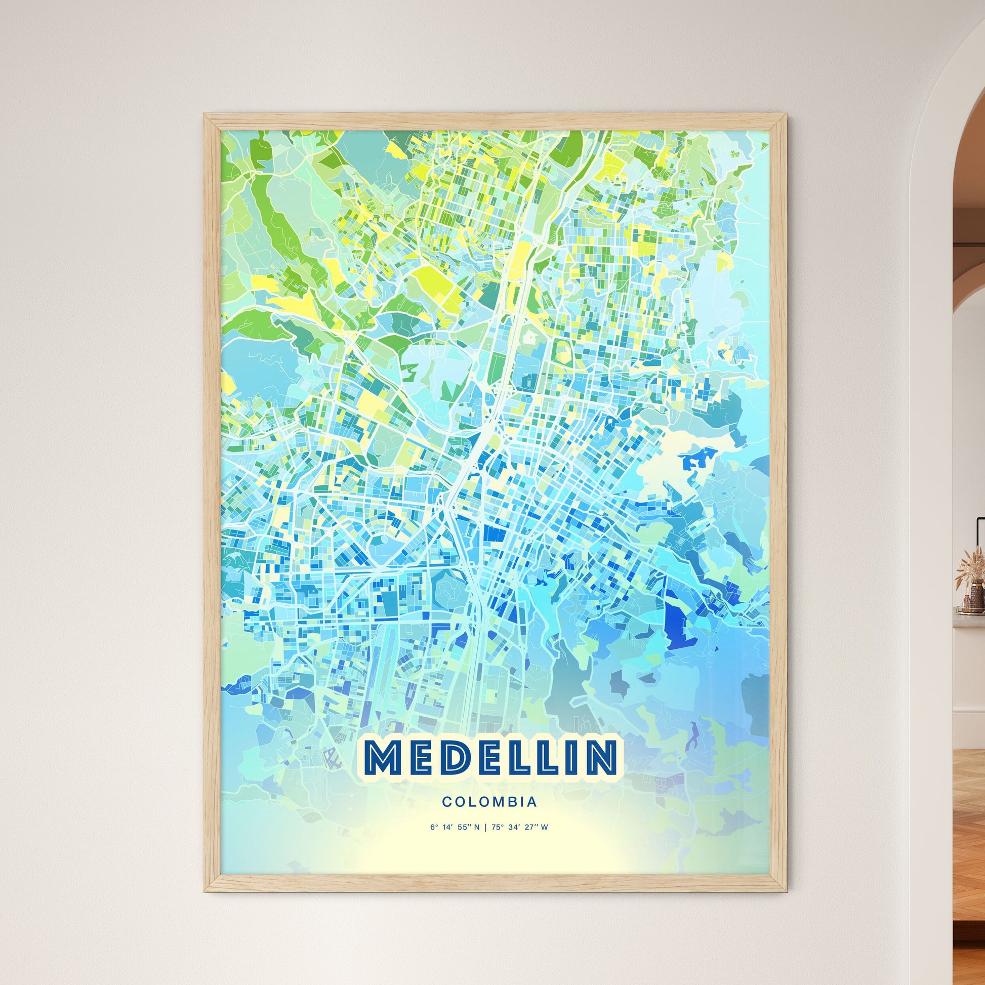 Colorful Medellin Colombia Fine Art Map Cool Blue