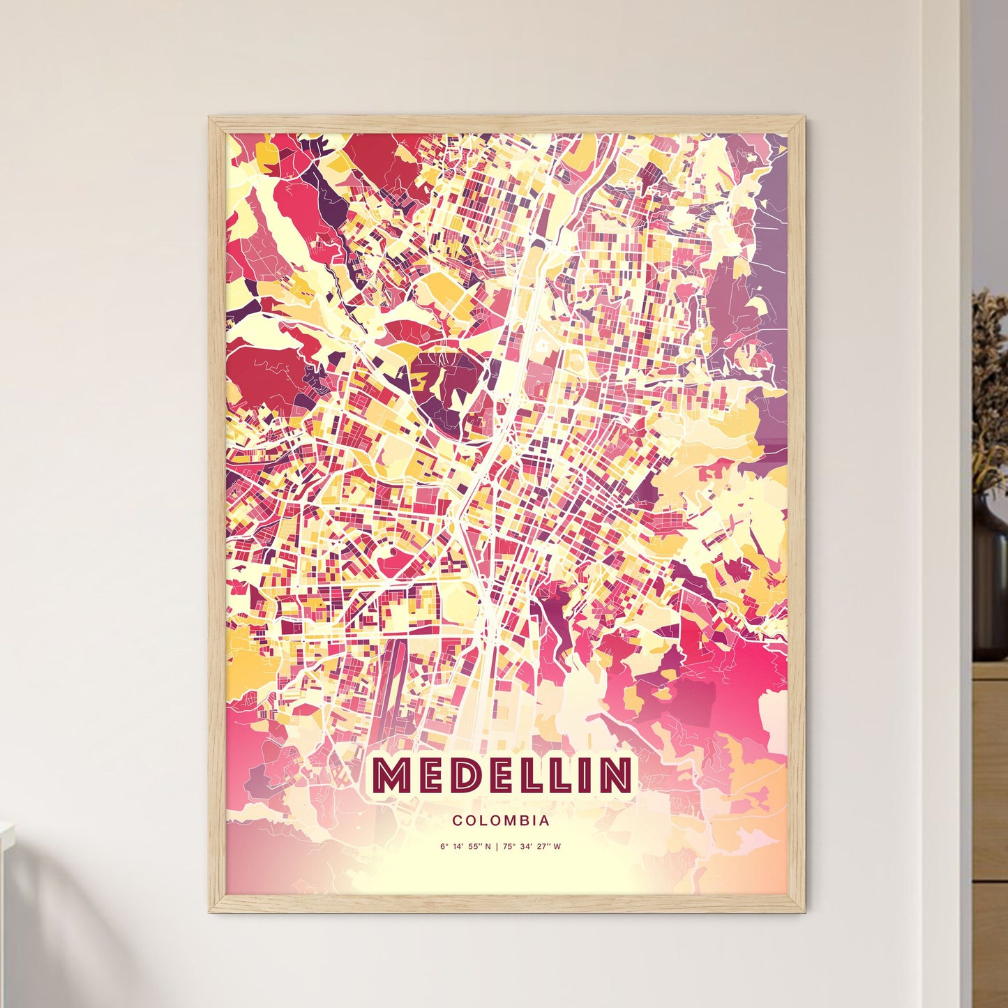 Colorful Medellin Colombia Fine Art Map Hot Red